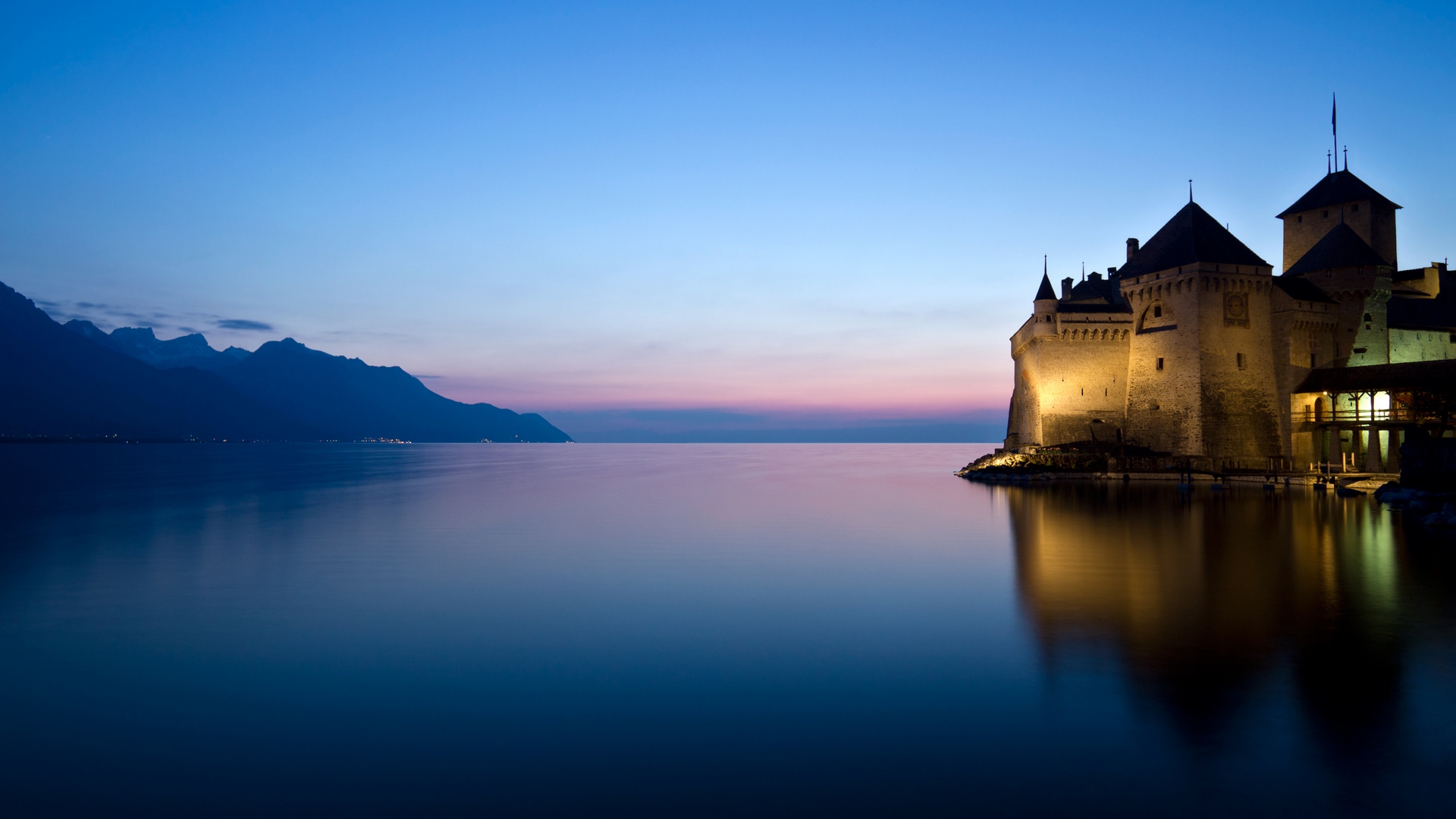 lakes, scenic, clear, beautiful, sunset, picturesque, waters, skies, calm, nature, reflections, castle, blue, HD Wallpaper
