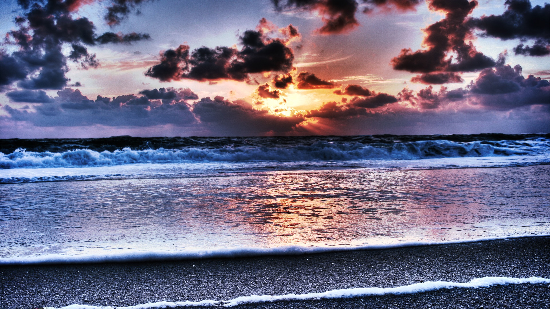 sun, waves, clouds, sky, sea, blue, HD Wallpaper