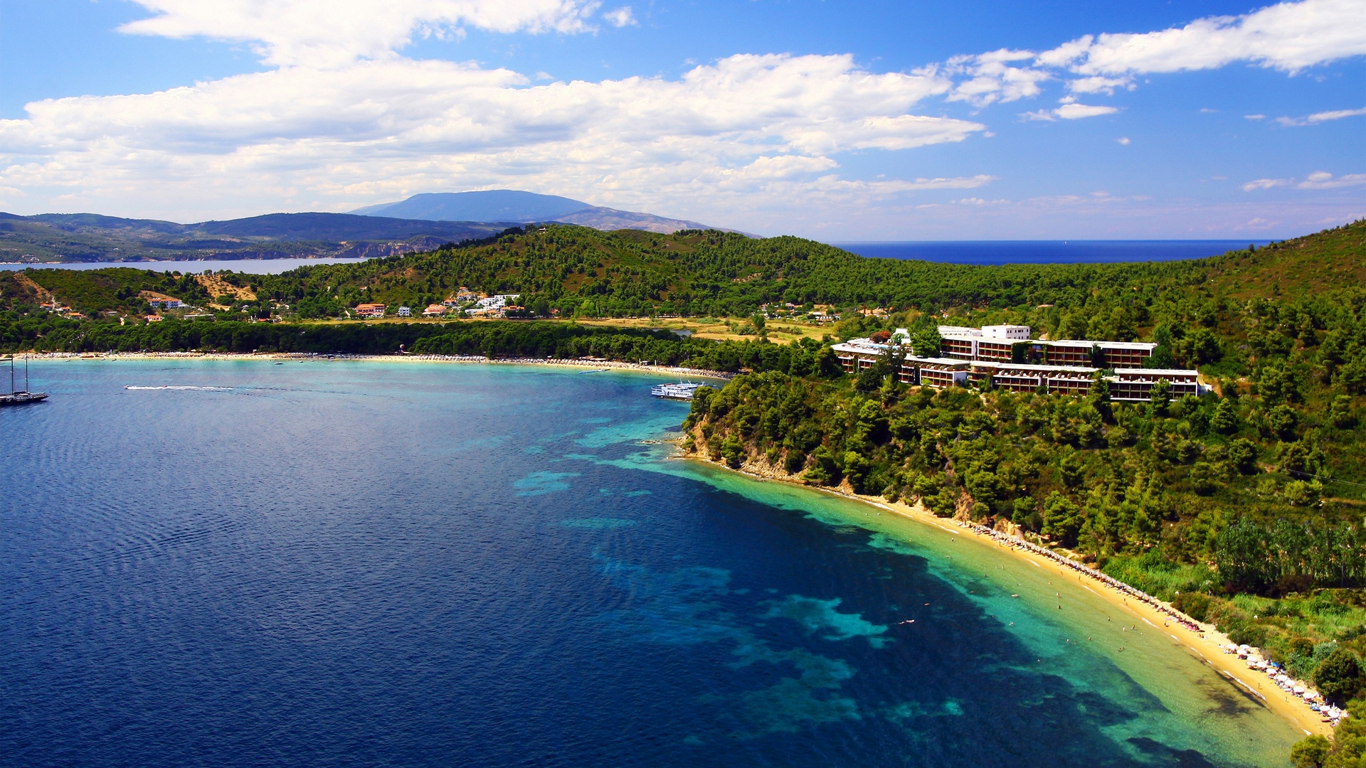 hotel, greece, aegean sea, beautiful, trees, koukounaries, sky, clouds, sea, water, beaches, nature, skiathos, HD Wallpaper