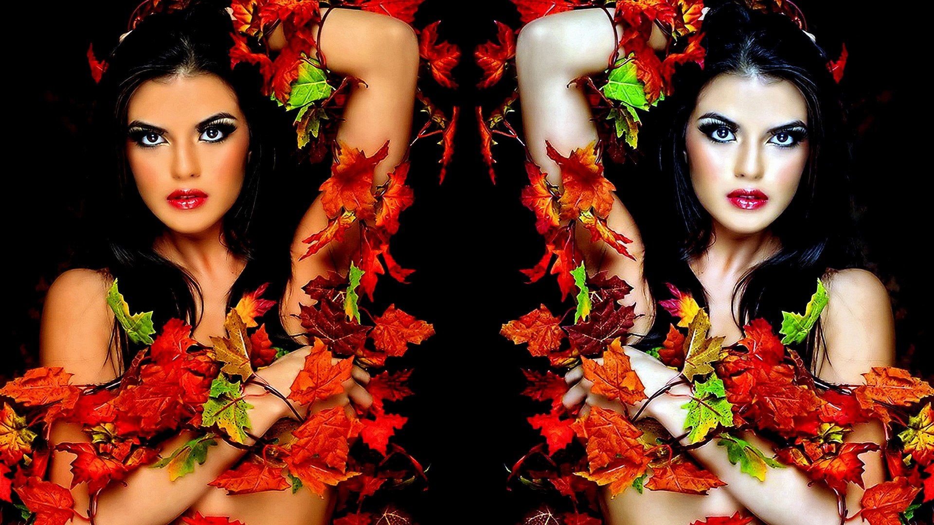 autum, beauti, color, woman, leaf, HD Wallpaper