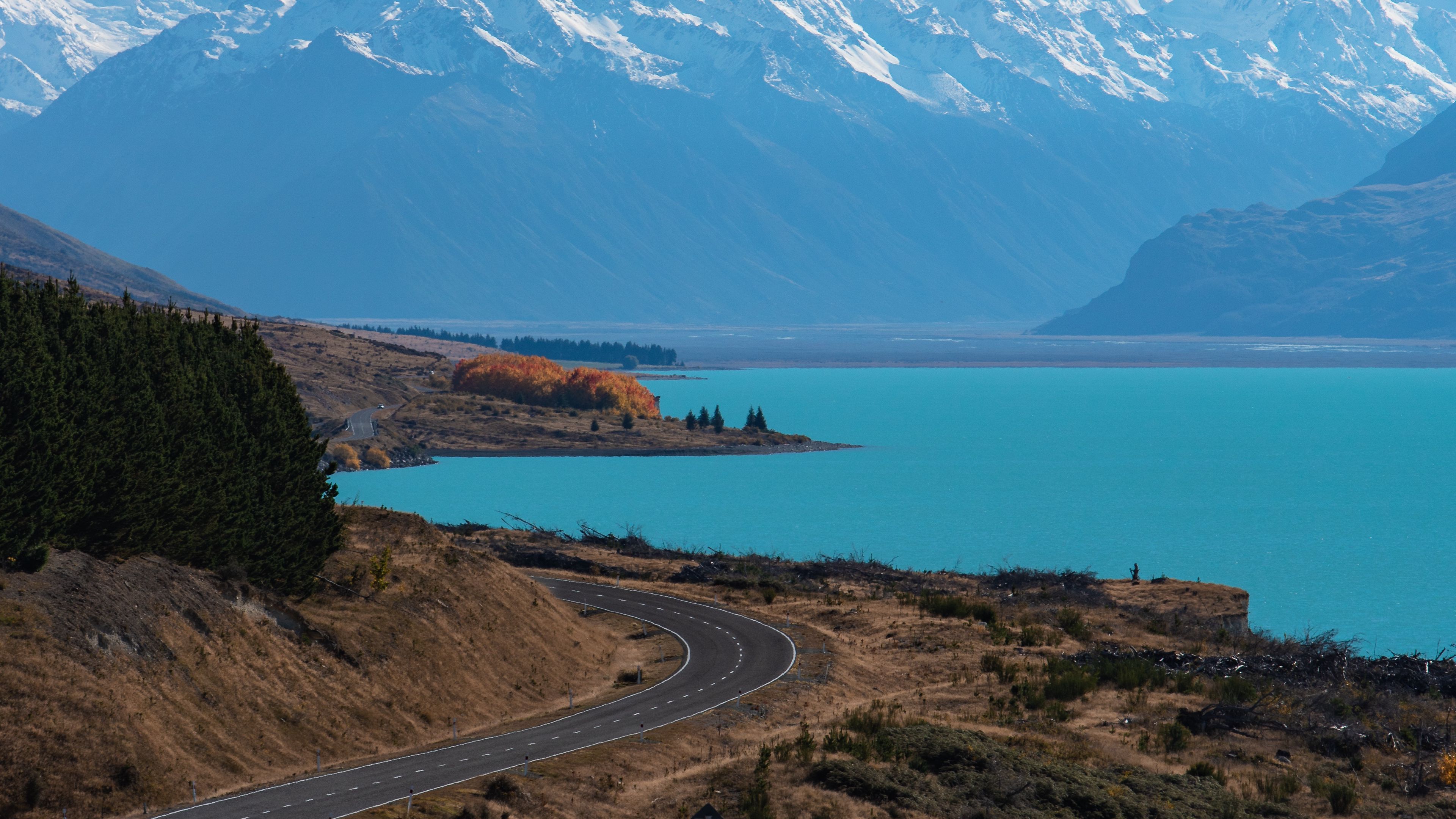 lake, mountains, road, lake pukaki, new zealand, 4k, HD Wallpaper
