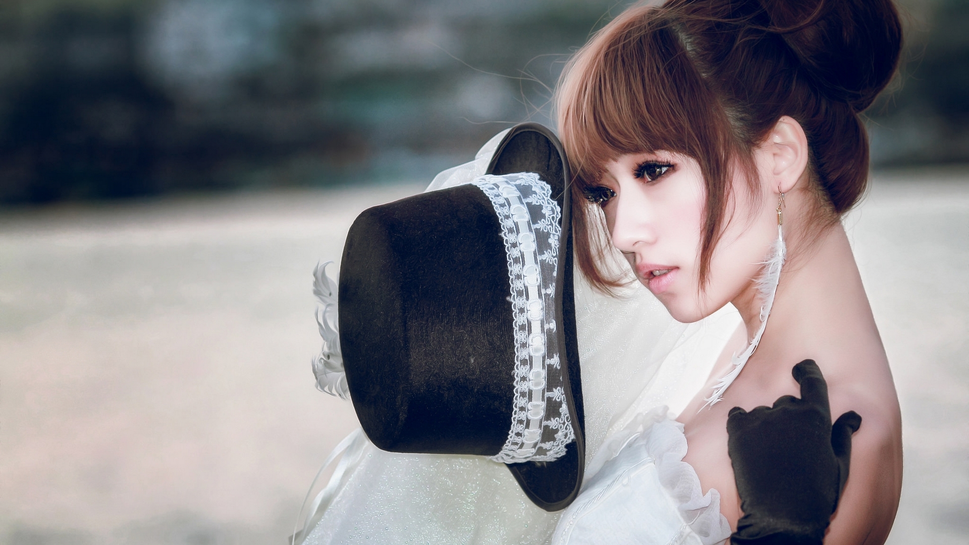 girl, model, bride, black, asian, white, woman, hat, HD Wallpaper