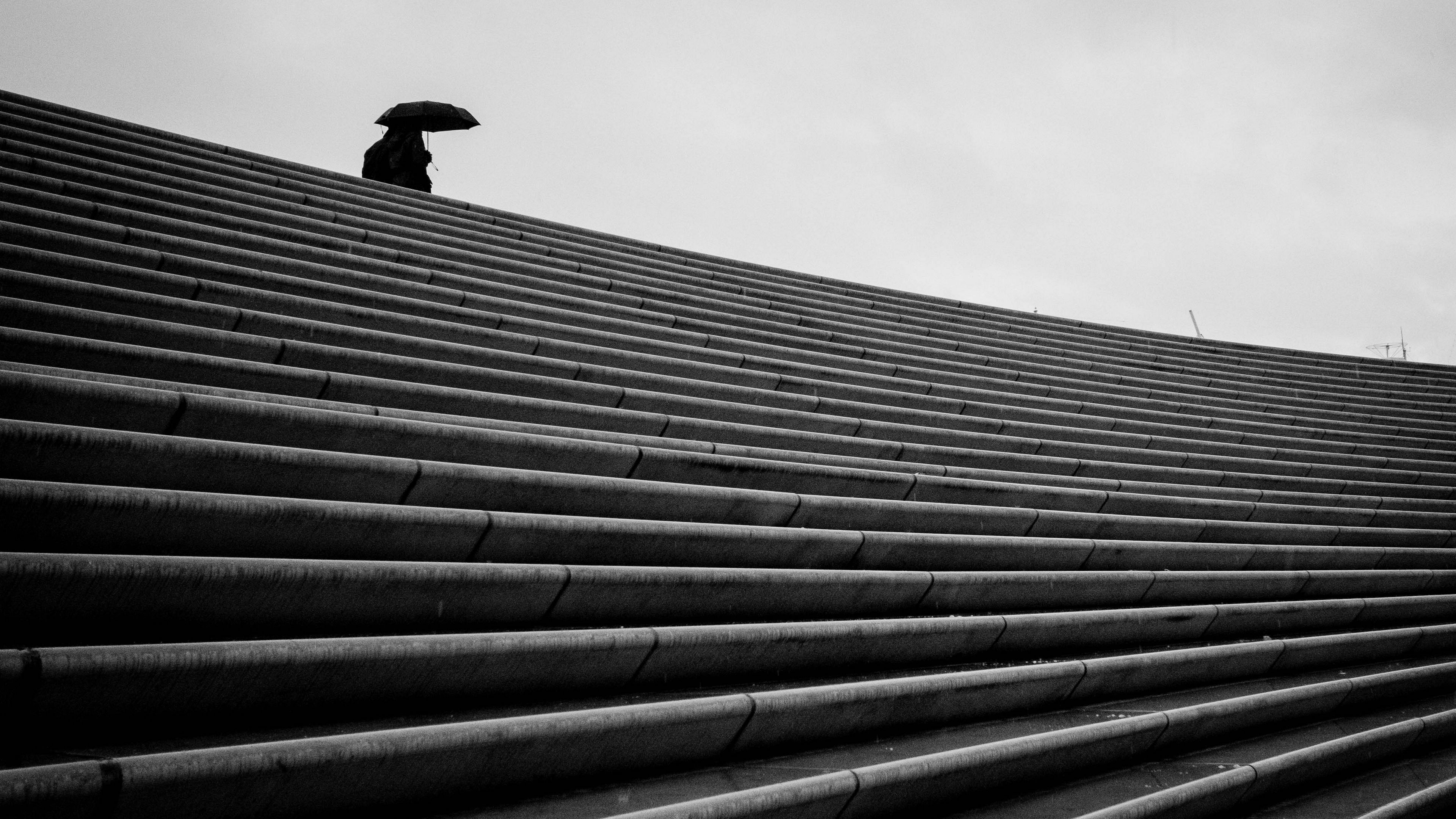 staircase, bw, umbrella, loneliness, 4k, HD Wallpaper