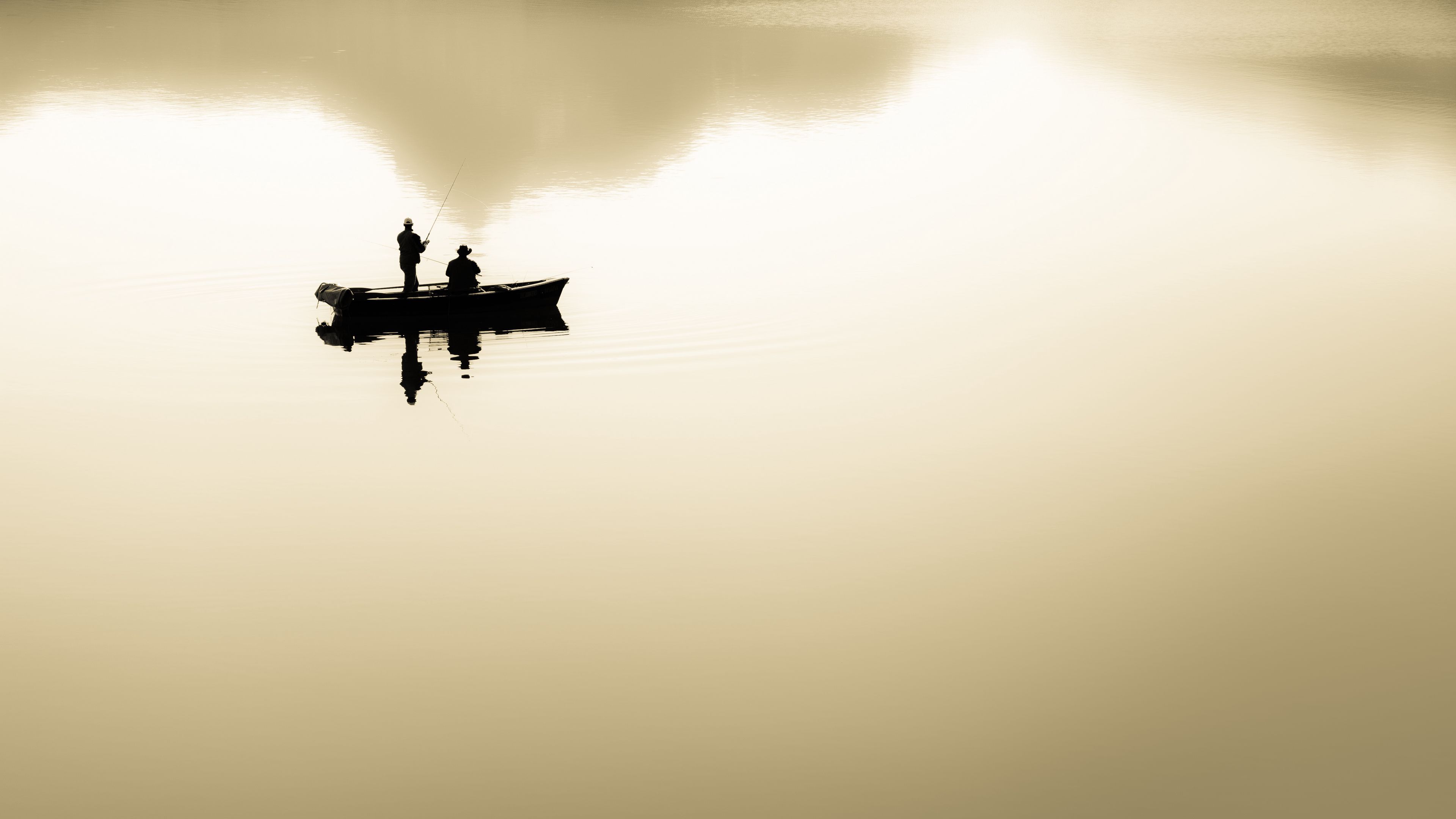 fishermen, boat, lake, silhouettes, minimalism, 4k, HD Wallpaper