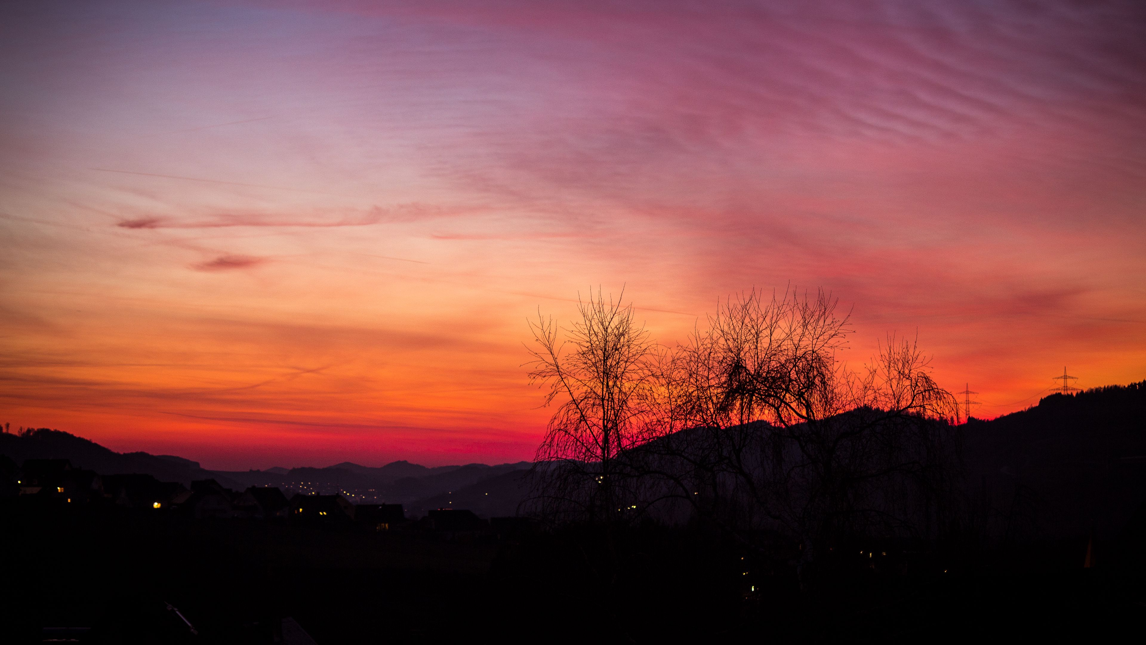 sunset, trees, night, sky, 4k, HD Wallpaper