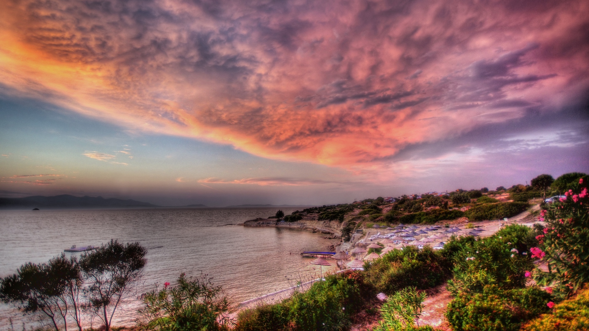 rocks, pretty, shore, grass, umbrella, sunset, clouds, beach, sundown, nice, stones, splendor, village, flowers, beauty, sunrise, umbrellas, lovely, houses, ocean, town, sky, trees, purple, colorful, beautiful, small, sea, sand, green, amazing, view, pier, colors, tree, peaceful, summer, nature, coast, HD Wallpaper