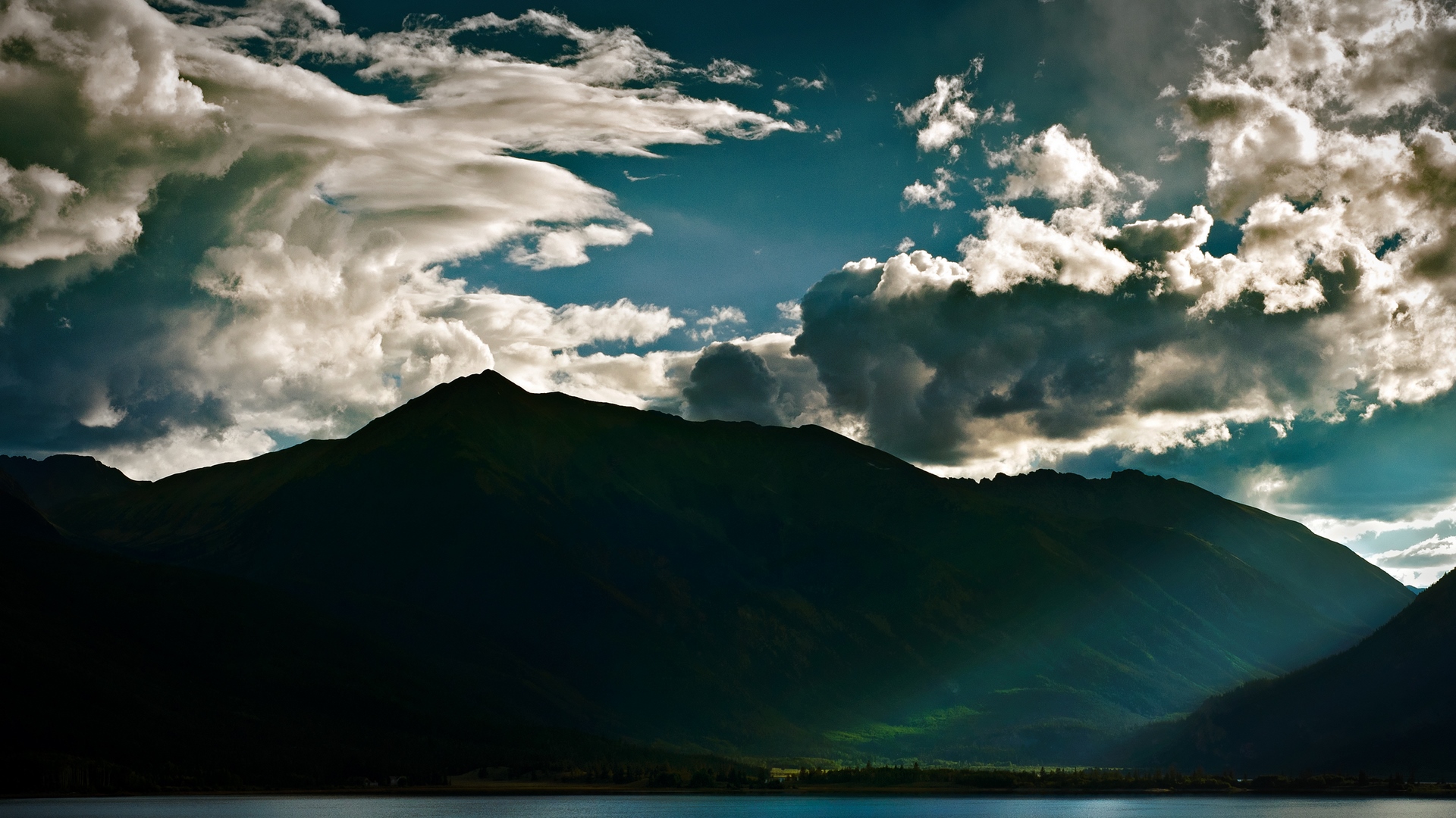 beautiful, sky, clouds, lake, mountains, dark, nature, forests, blue, HD Wallpaper