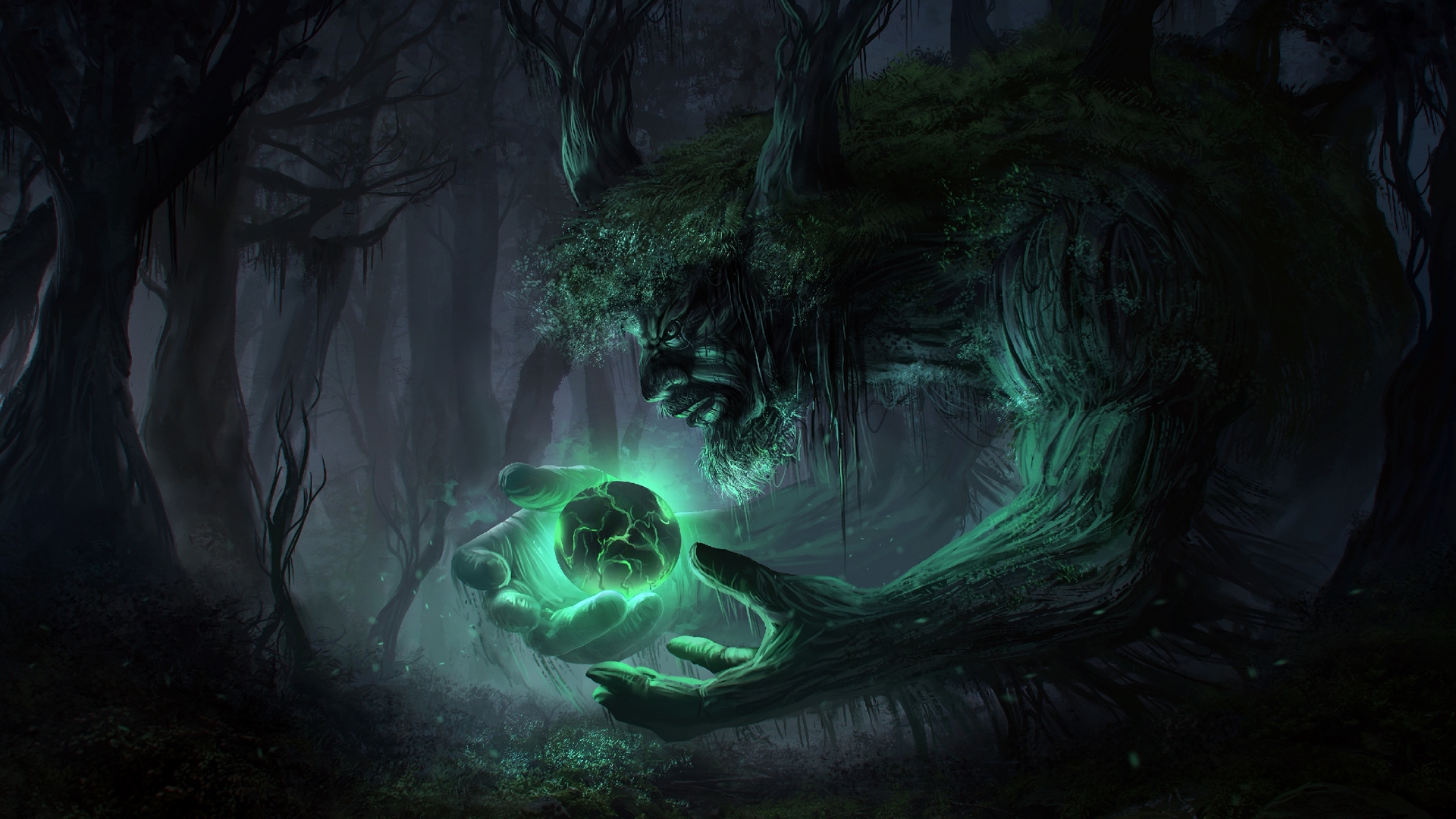 green light, forest, treeman, sphere, HD Wallpaper