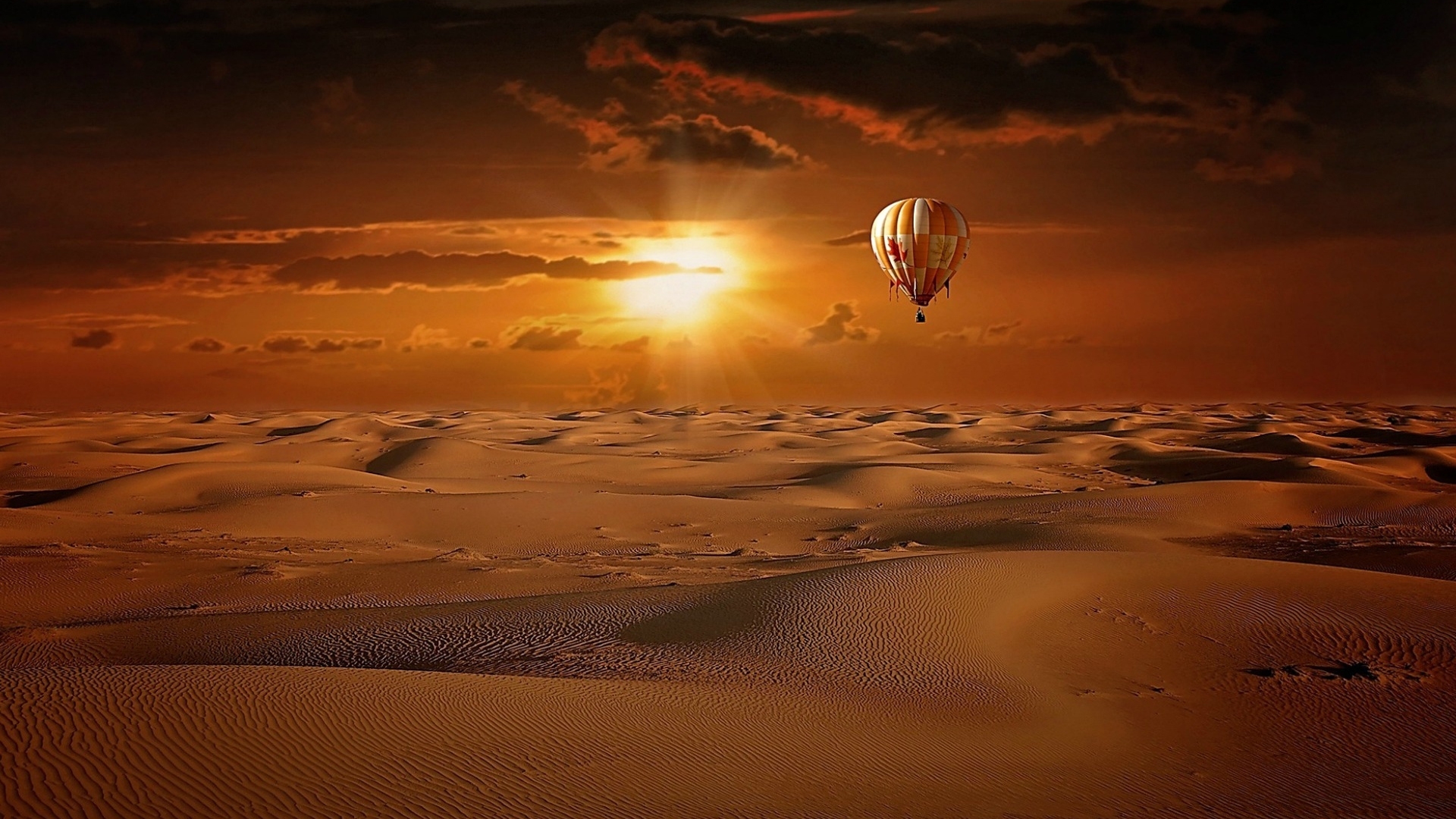 sun, desert, orange, air balloon, HD Wallpaper