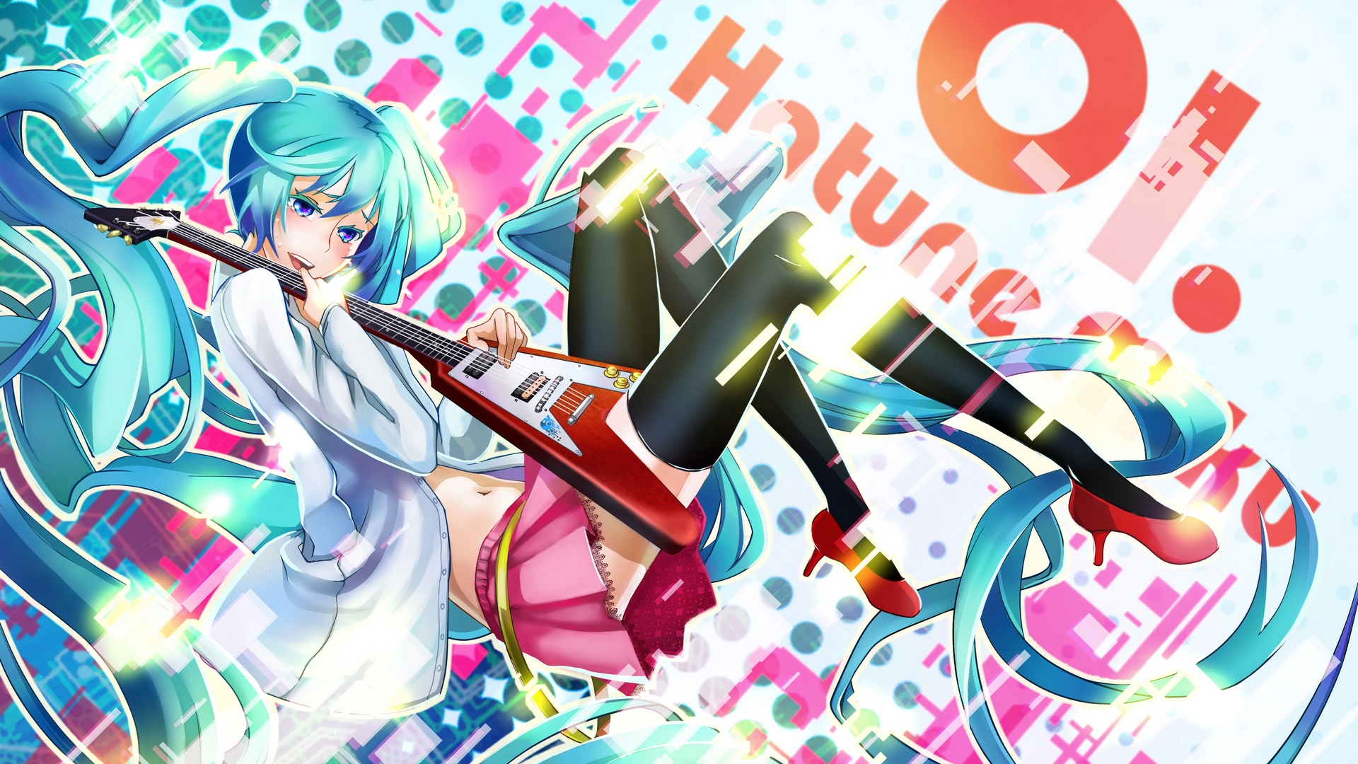 pretty, cg, nice, anime, aqua, beauty, anime girl, vocaloids, art, twintail, skirt, black, miku, singer, sexy, aqua eyes, cute, hatsune, cool, guitar, digital, awesome, white, idol, red, artistic, colorful, hatsune miku, beautiful, program, high heels, hot, pink, vocaloid, outfit, music, diva, song, girl, stockings, uniform, virtual, aqua hair, shoes, HD Wallpaper