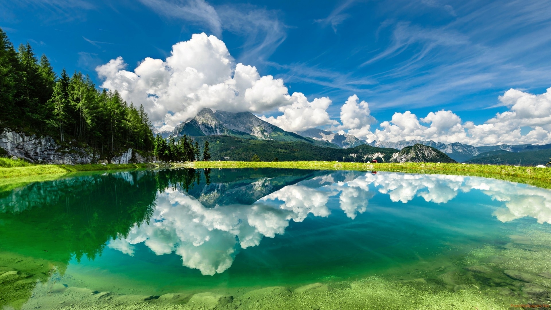 mountain, water, nature, reflection, trees, clouds, lake, HD Wallpaper