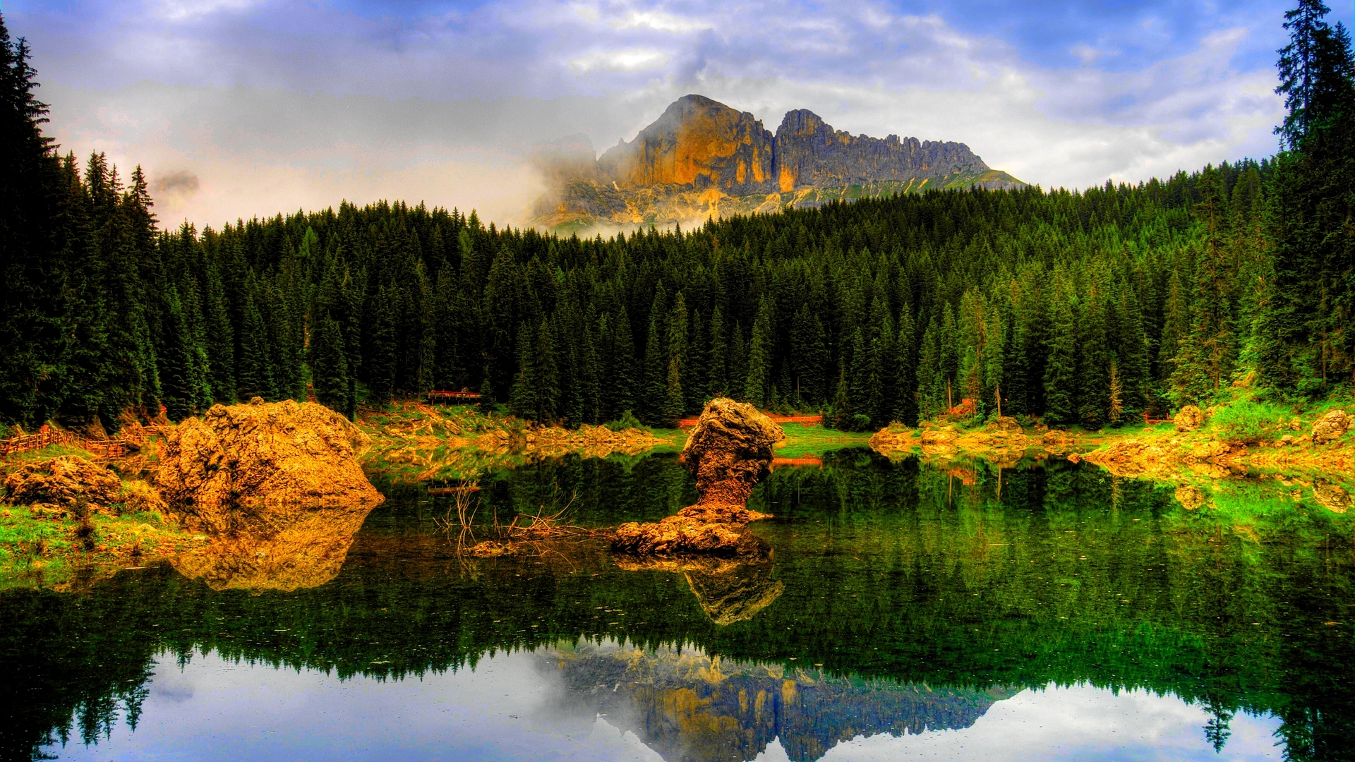 forest, sky, clouds, lake, pine, mountains, nature, hdr, reflection, HD Wallpaper