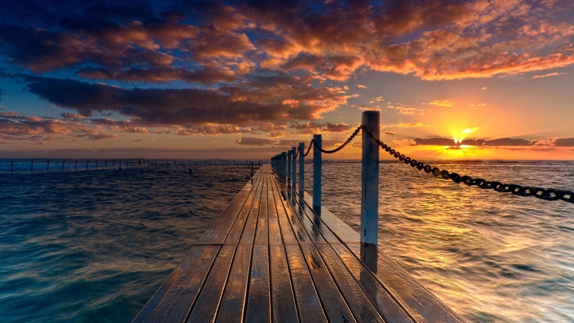 chain, hdr, sunset, ramp, wood, sea, HD Wallpaper