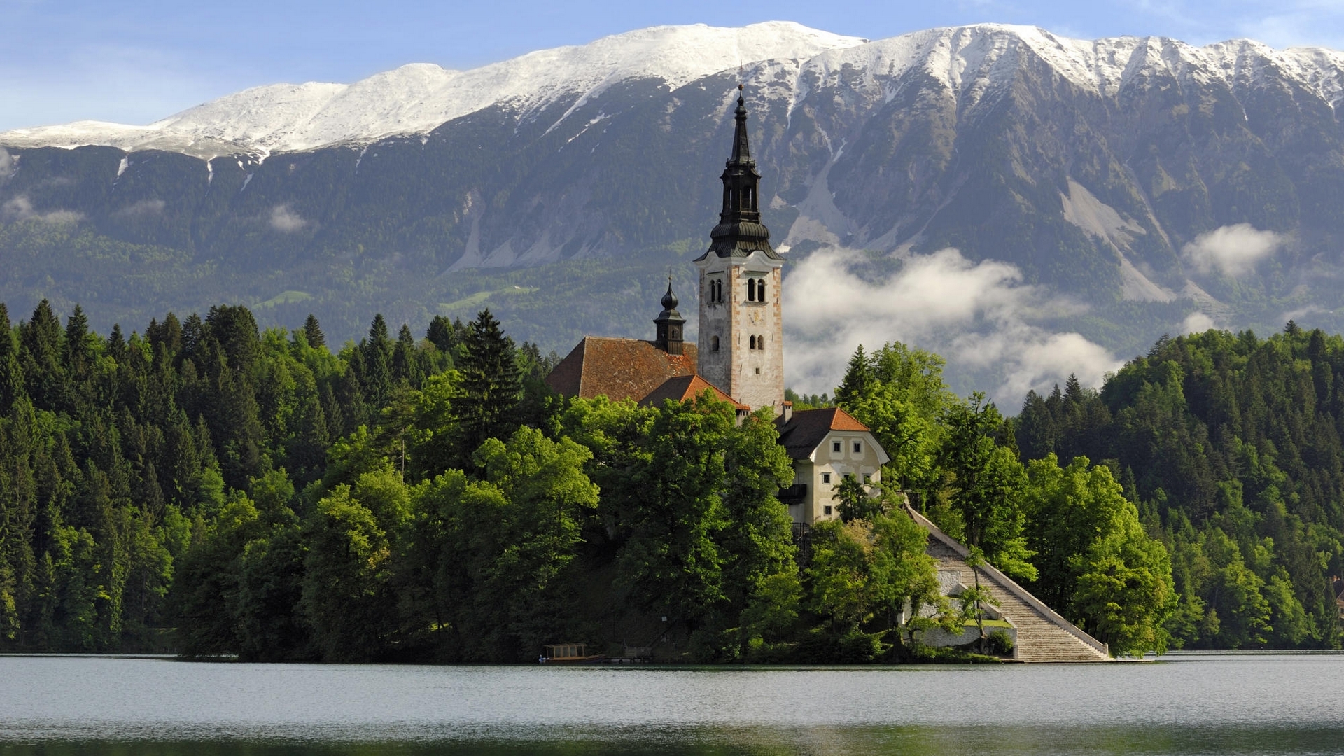 chappel, water, trees, mountains, HD Wallpaper