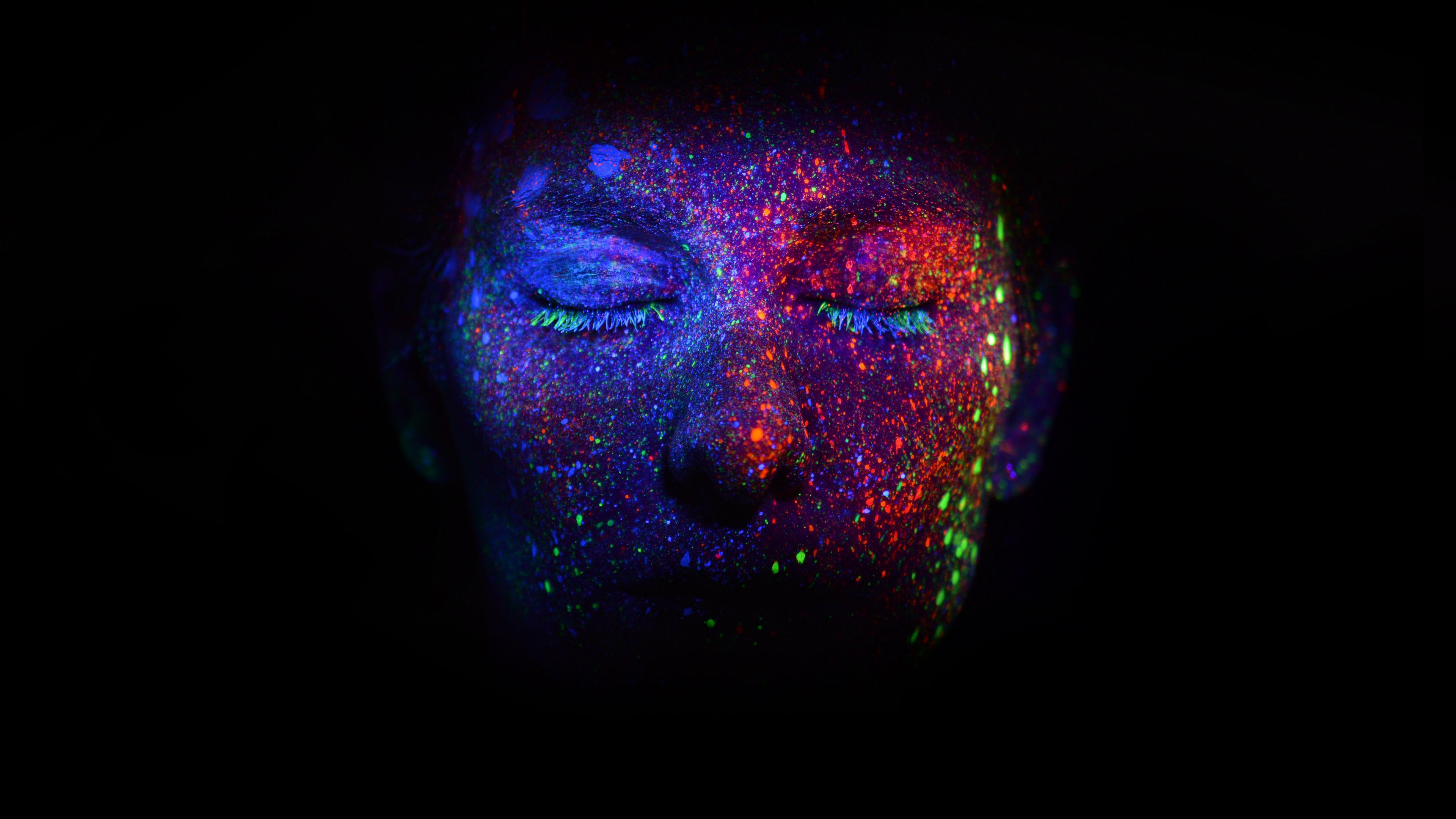 face, sequins, makeup, ultraviolet, glow, 4k, HD Wallpaper