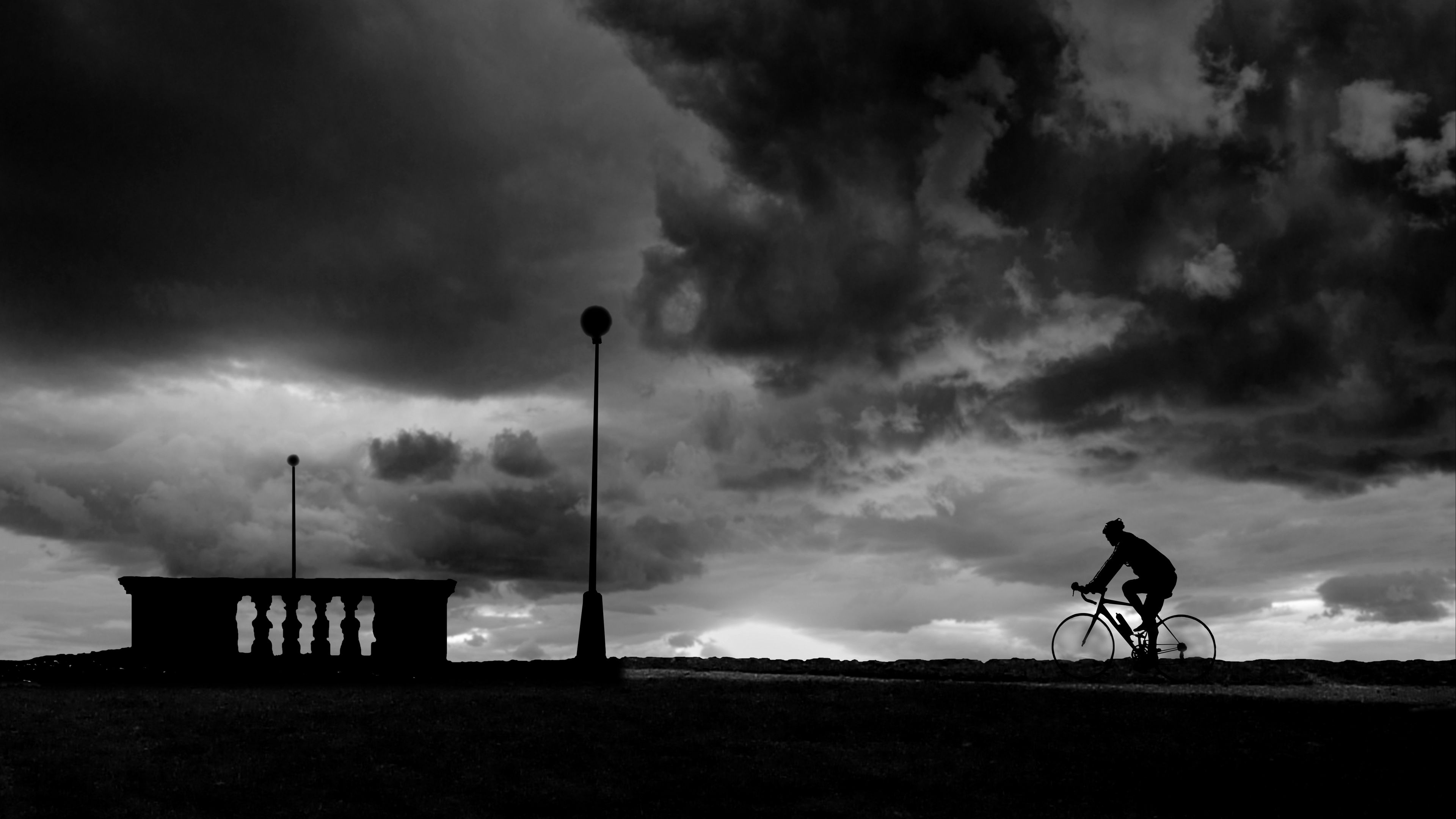 bicyclist, silhouette, bw, clouds, night, 4k, HD Wallpaper