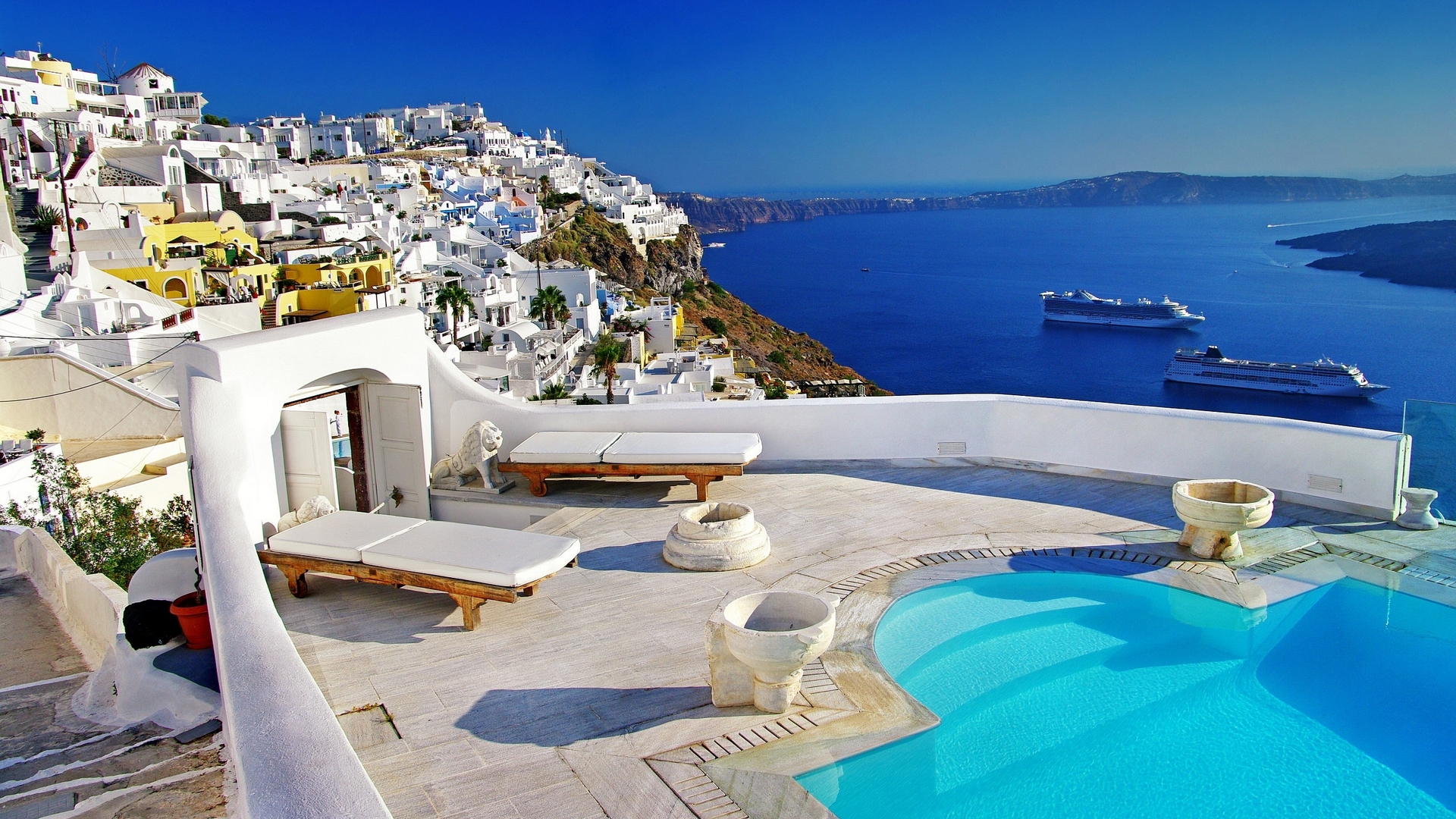 architecture, resort, holiday, buildings, houses, ocean, homes, sea, greece, water, paradise, apartments, villas, HD Wallpaper