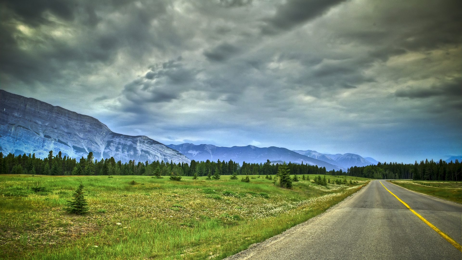 blacktop, forest, beautiful, clouds, green, two, mountains, granite, nature, lane, HD Wallpaper