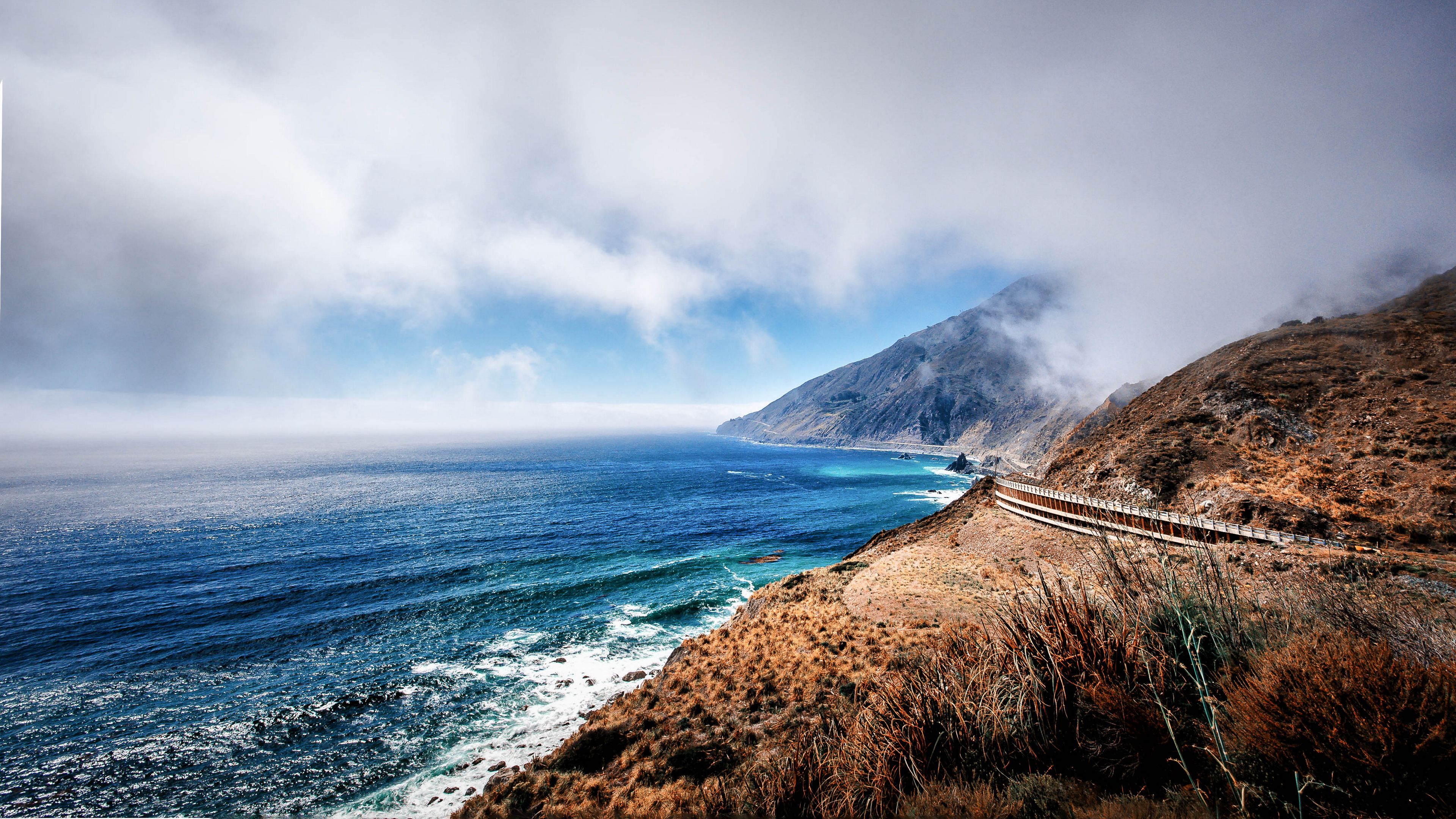 mountains, ocean, fog, coast, california, bay, 4k, HD Wallpaper