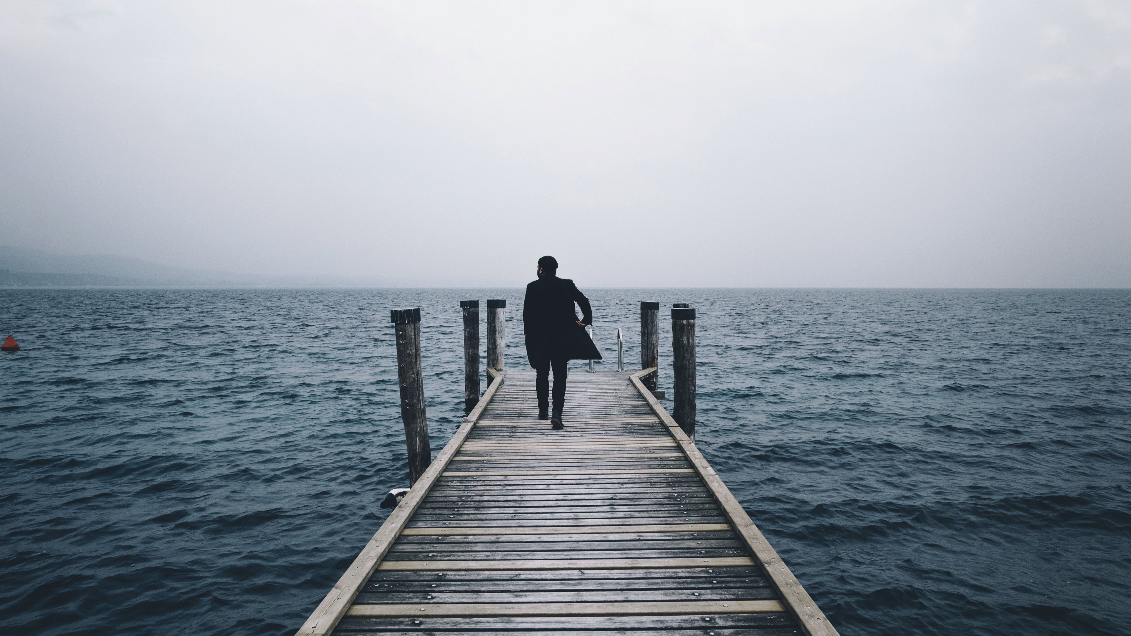 pier, man, sea, loneliness, horizon, 4k, HD Wallpaper