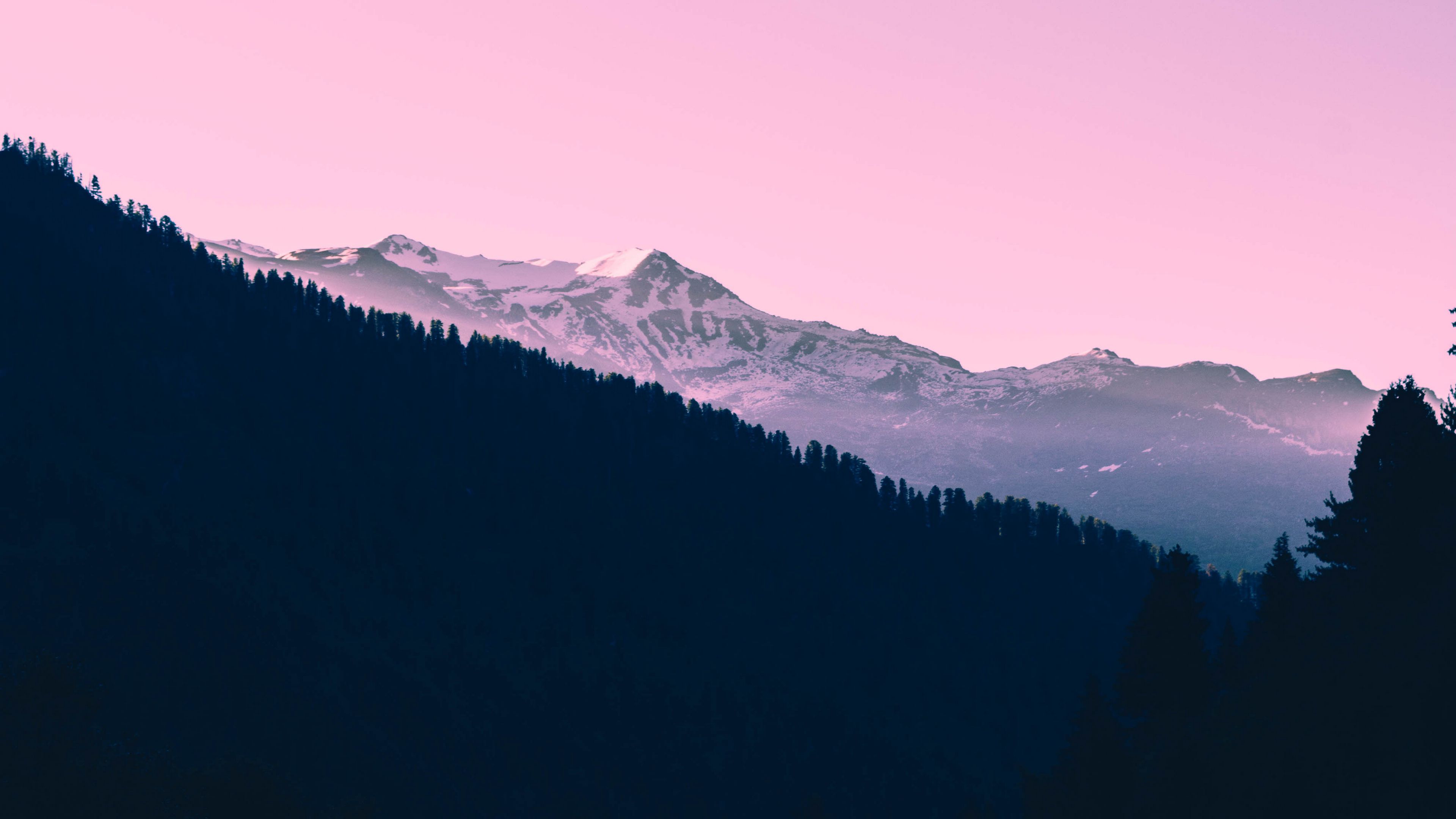 mountains, sunset, trees, sky, pink, 4k, HD Wallpaper