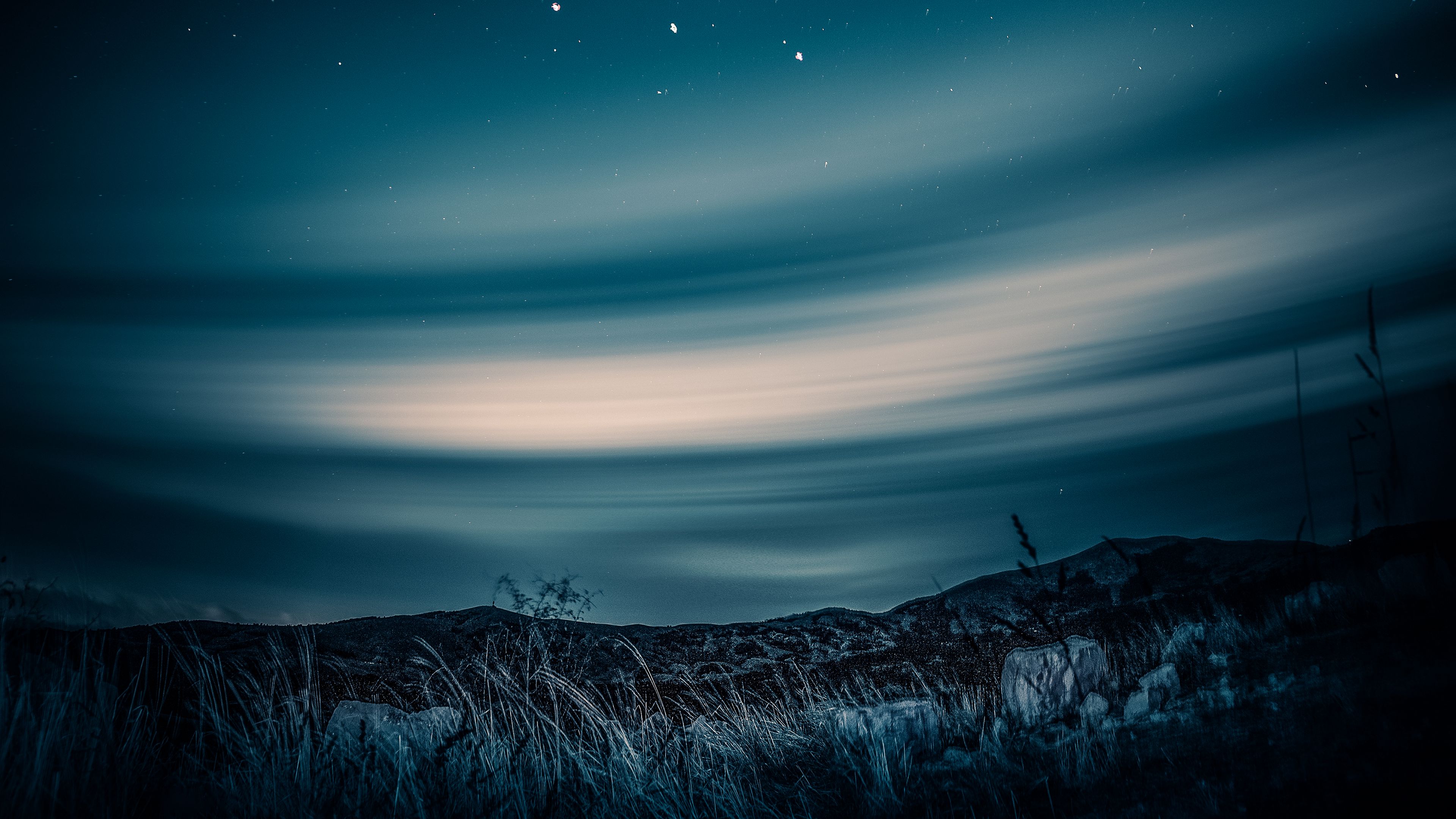 starry sky, horizon, night, grass, 4k, HD Wallpaper