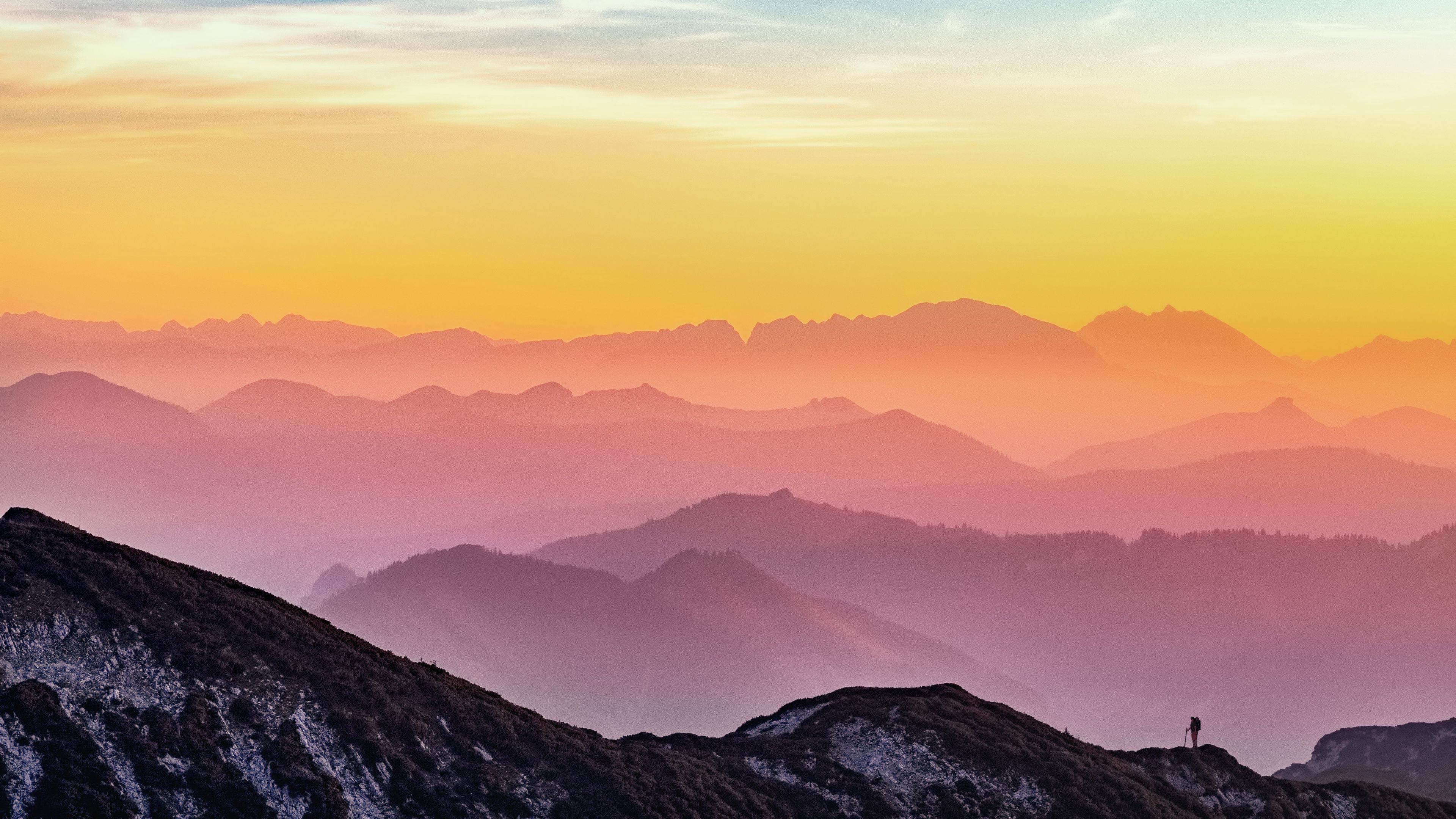 mountains, silhouette, travel, fog, altmunster, austria, 4k, HD Wallpaper