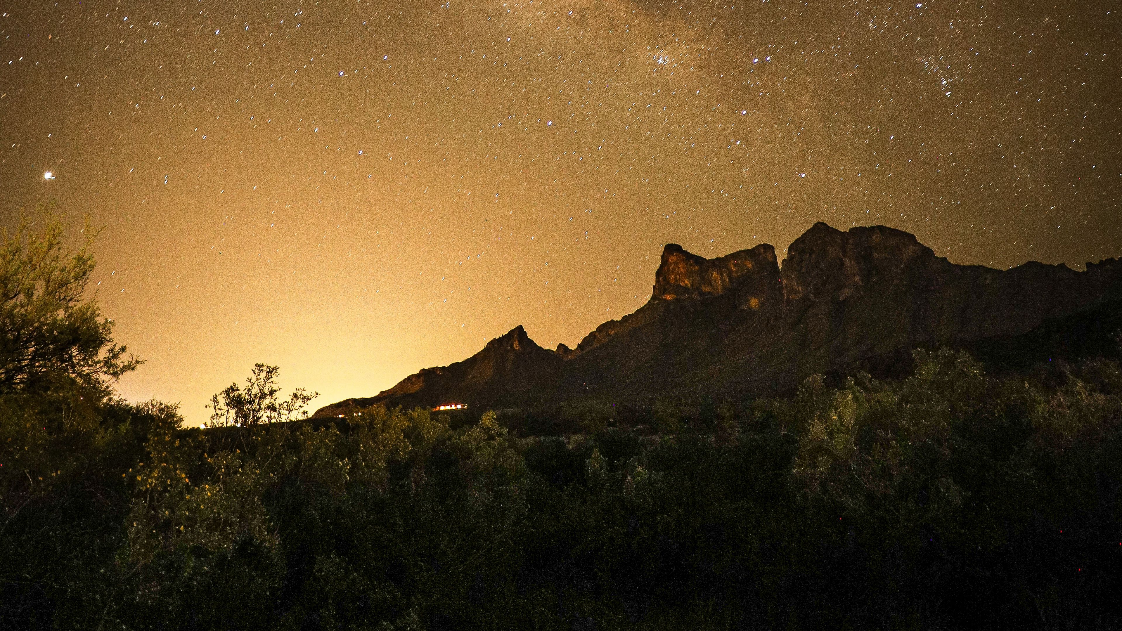 mountains, bushes, starry sky, 4k, HD Wallpaper