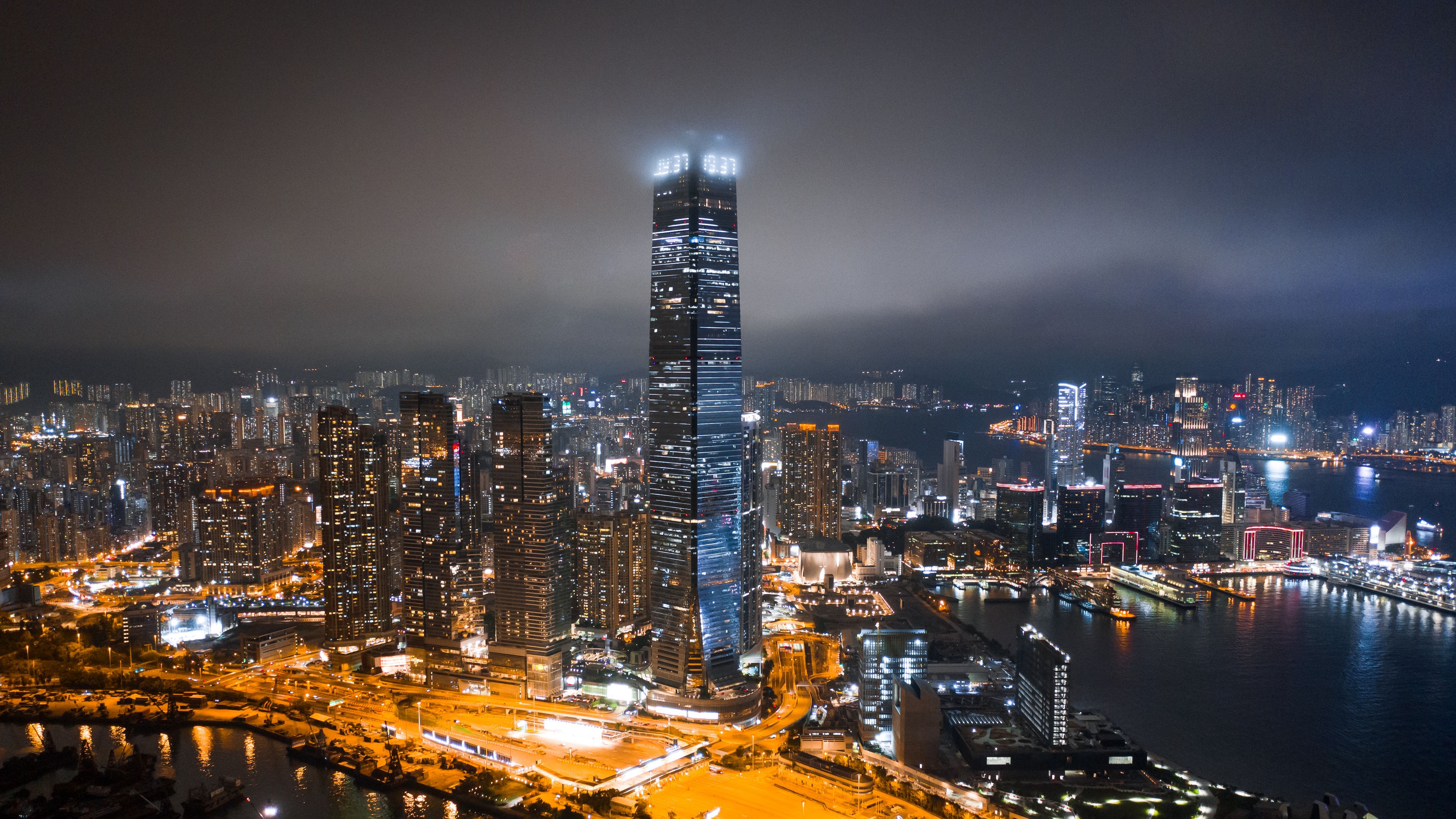 night city, architecture, lights, fog, 4k, HD Wallpaper