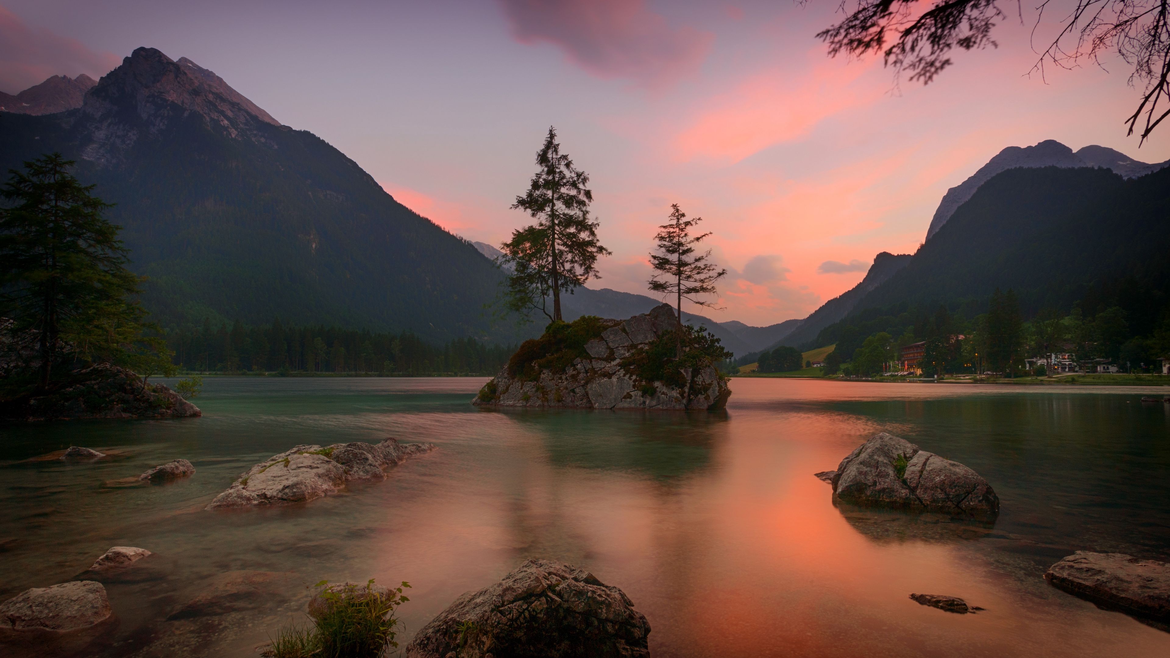 lake, rocks, trees, mountains, ramsau bei berchtesgaden, germany, 4k, HD Wallpaper