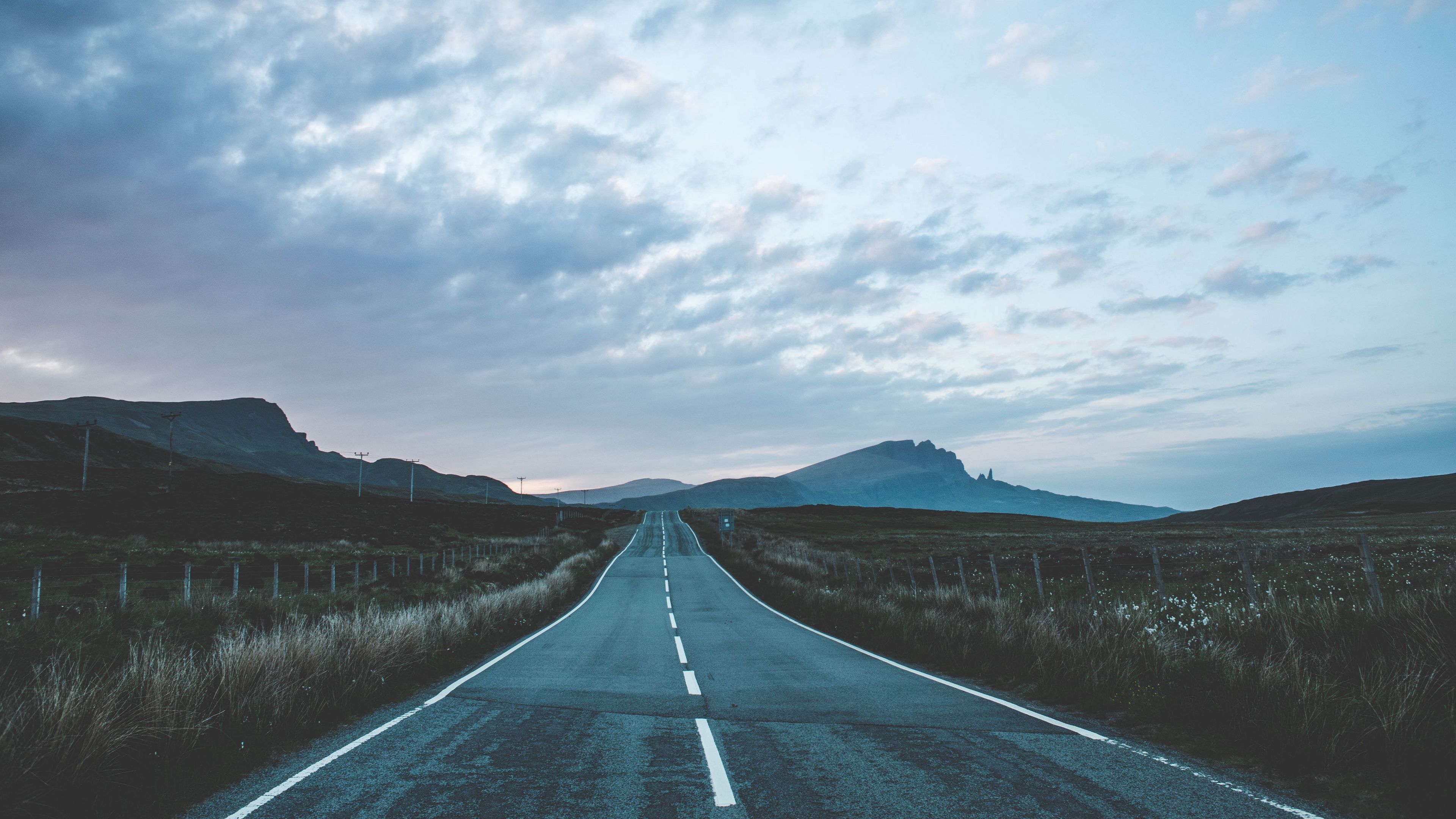 road, marking, mountains, portree, united kingdom, 4k, HD Wallpaper