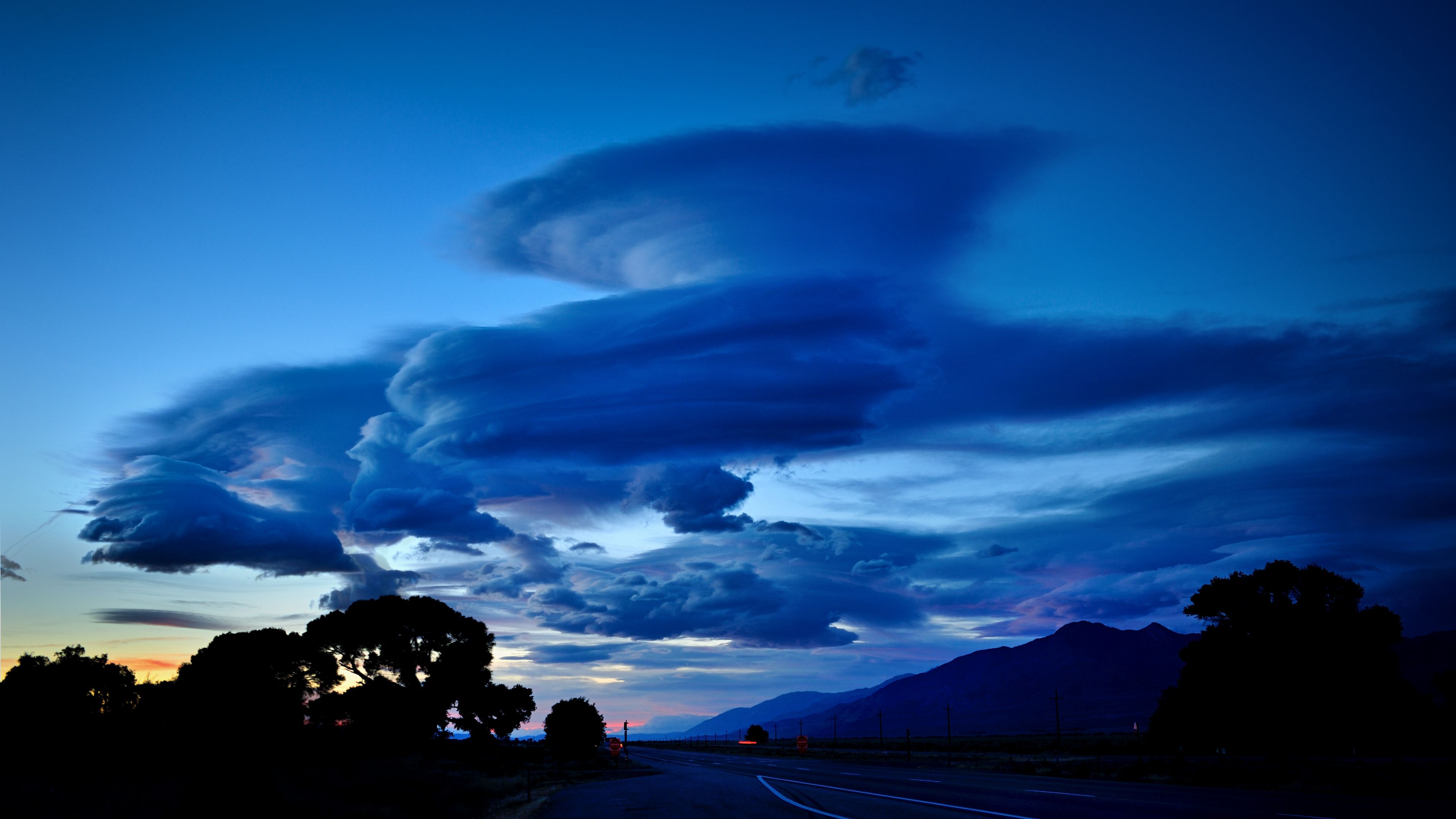 clouds, road, night, curls, mountains, 4k, HD Wallpaper