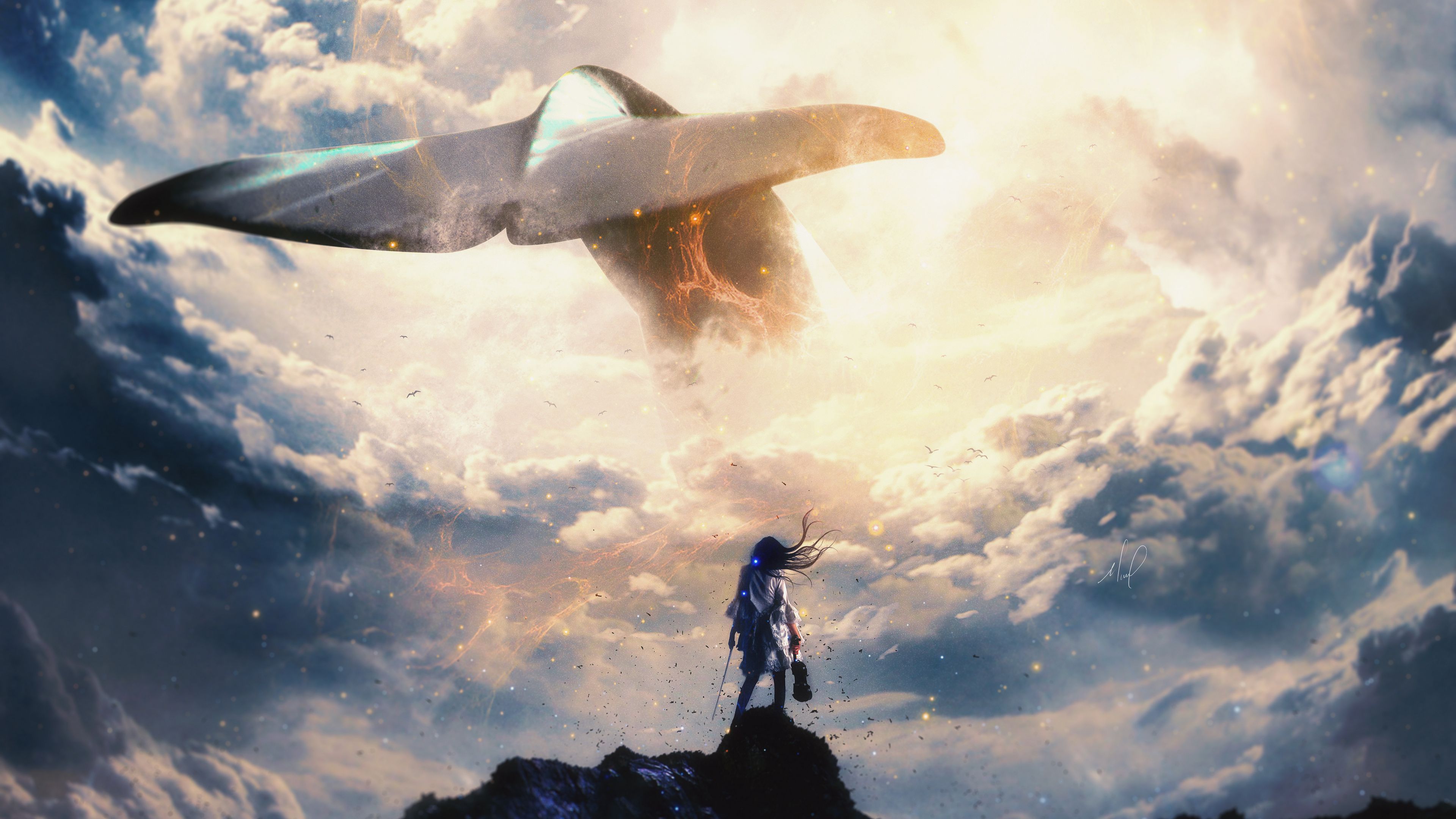 whale, tail, musician, symphony, clouds, art, surrealism, 4k, HD Wallpaper