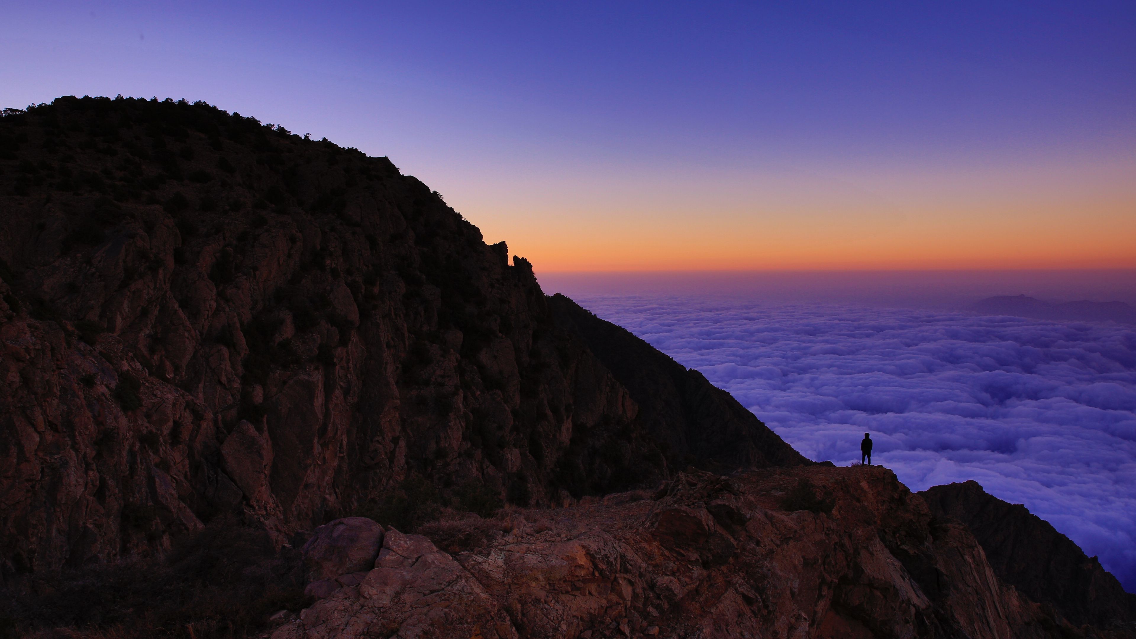 mountain, man, loneliness, clouds, al bahah, saudi arabia, 4k, HD Wallpaper
