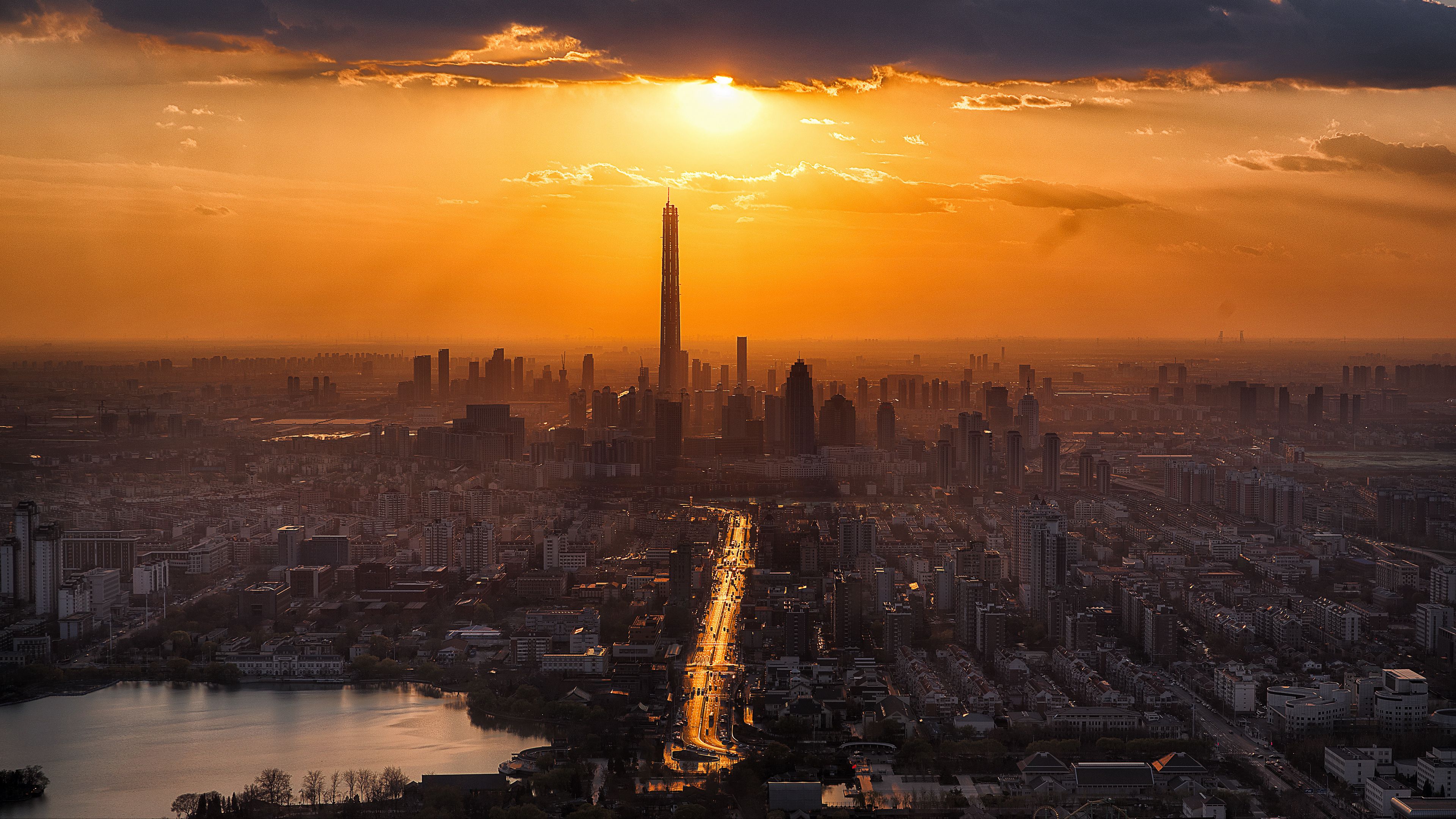 city, sunset, skyscrapers, tianjin, china, 4k, HD Wallpaper