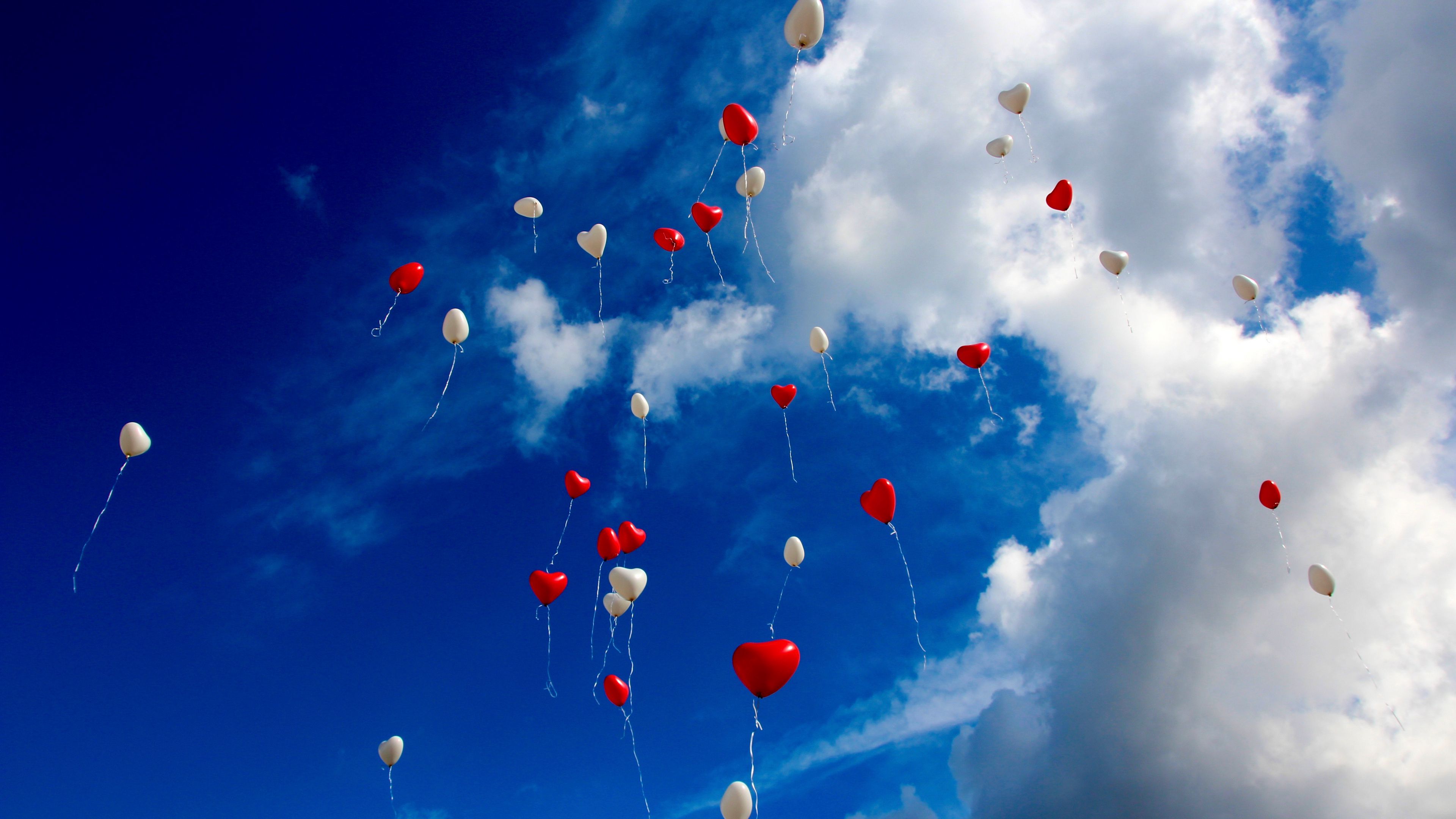 balloons, sky, clouds, hearts, love, 4k, HD Wallpaper