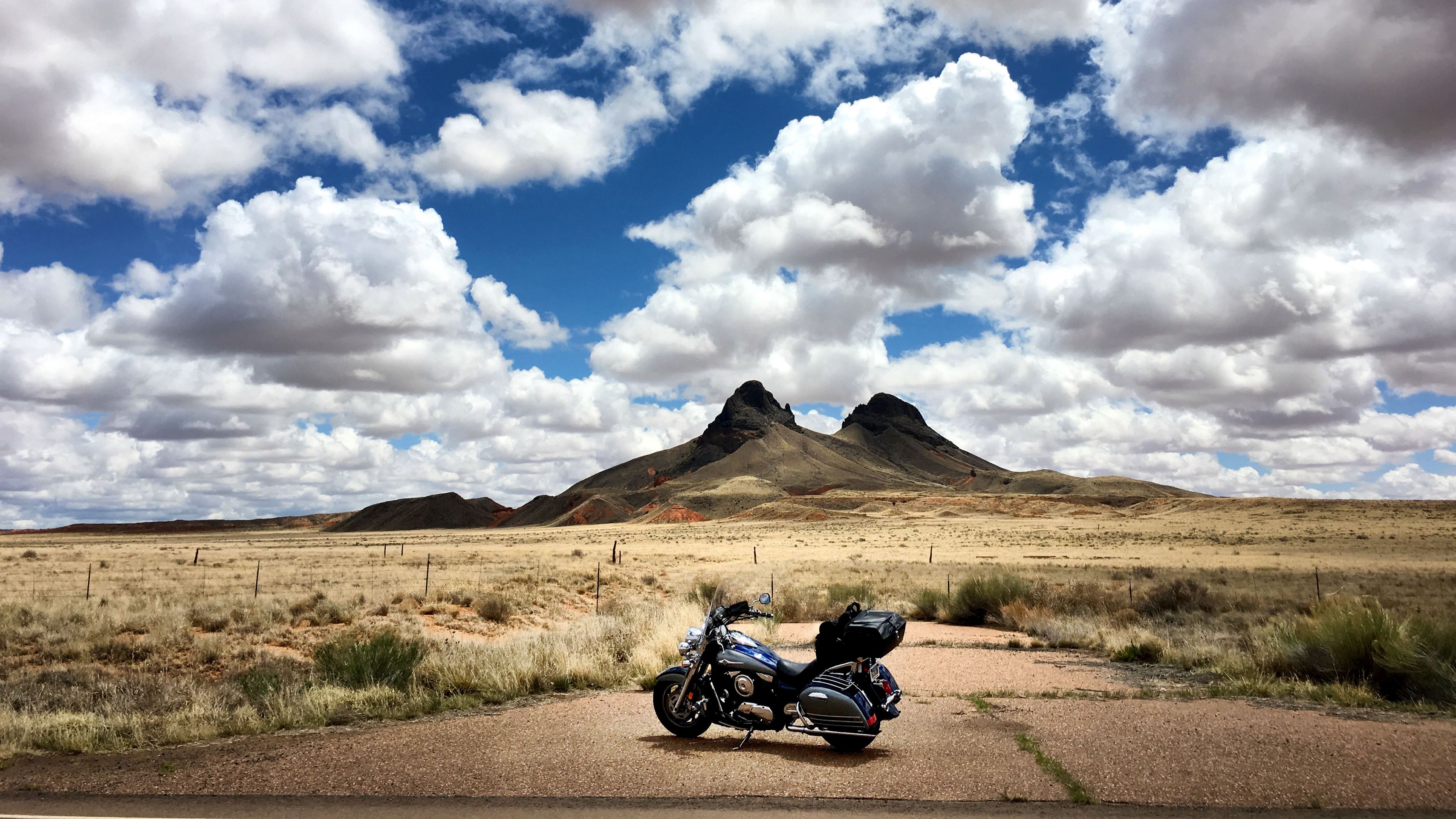 motorcycle, mountains, desert, clouds, travel, 4k, HD Wallpaper