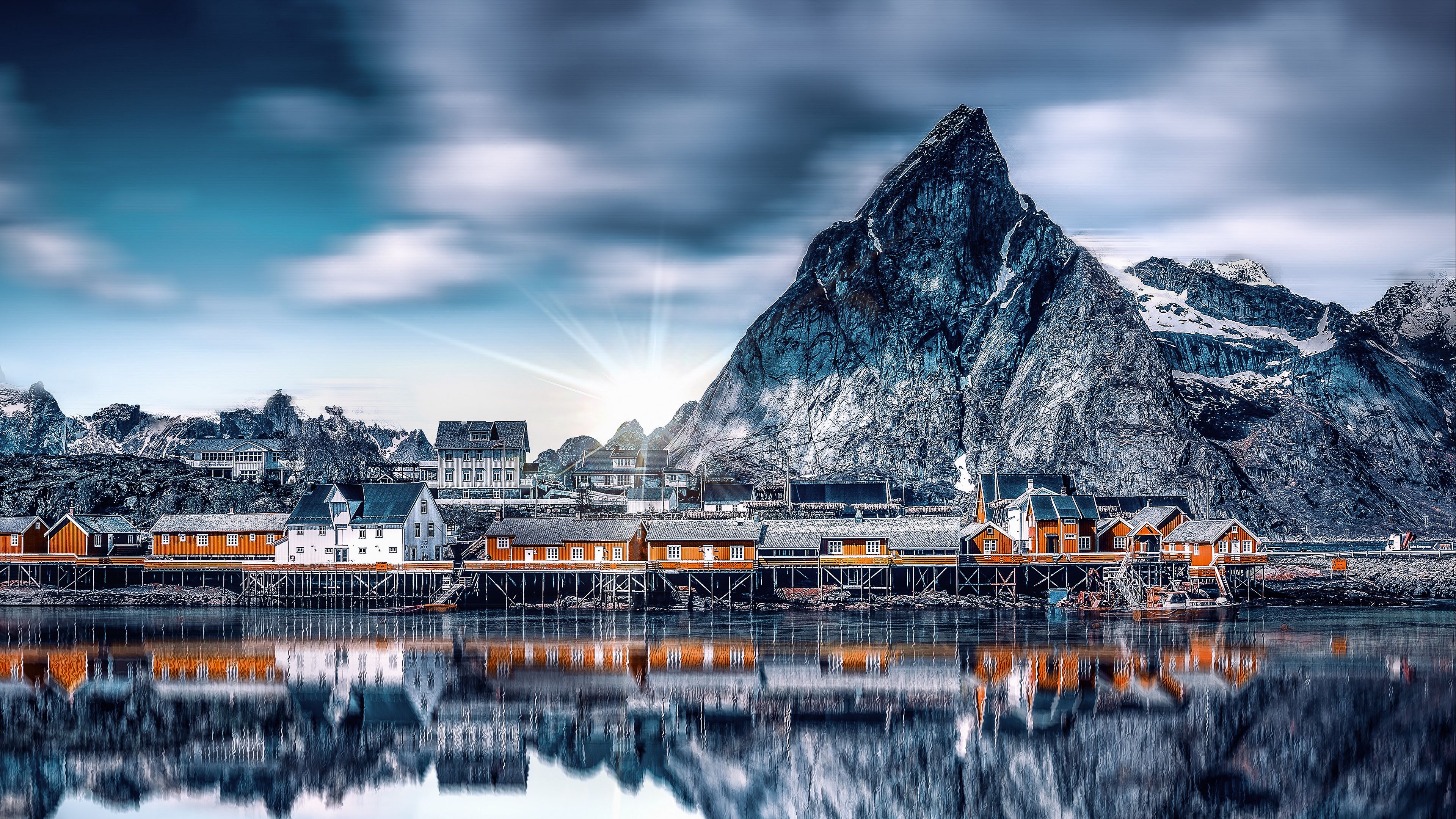 mountains, lake, buildings, reflection, 4k, HD Wallpaper