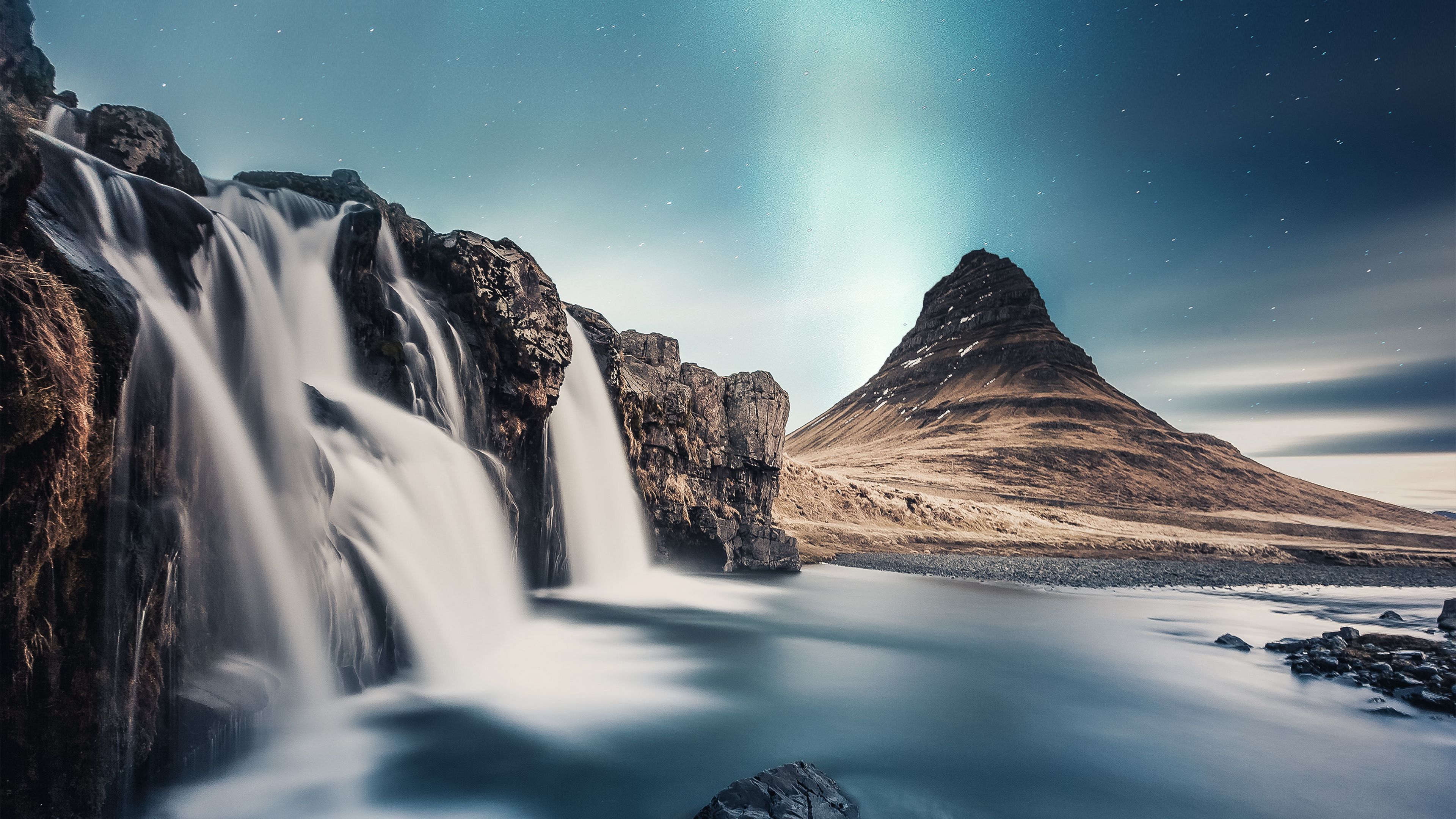 waterfall, mountain, river, sky, stones, 4k, HD Wallpaper