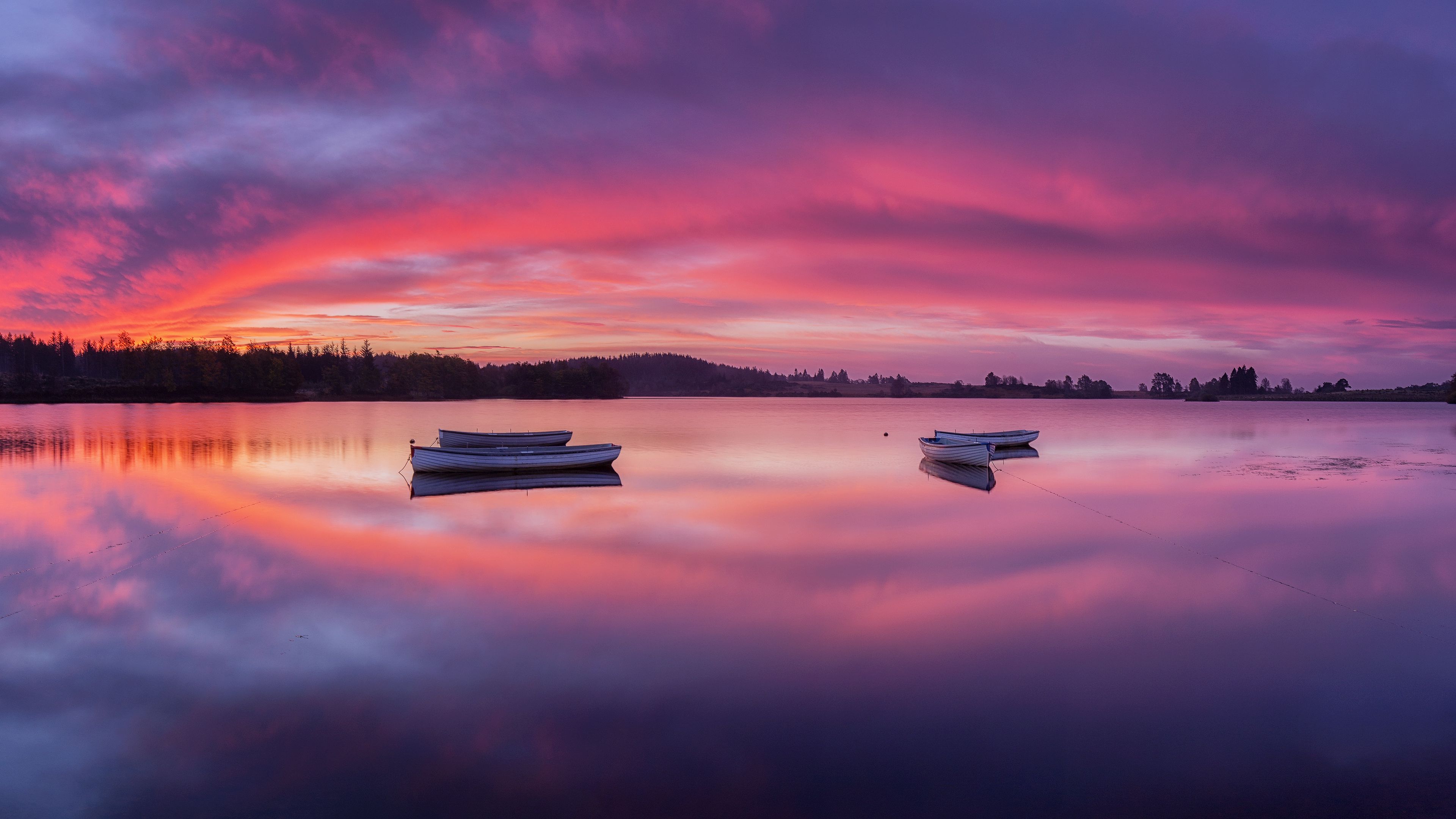 lake, boats, dawn, scotland, loch lomond, trossachs, 4k, HD Wallpaper