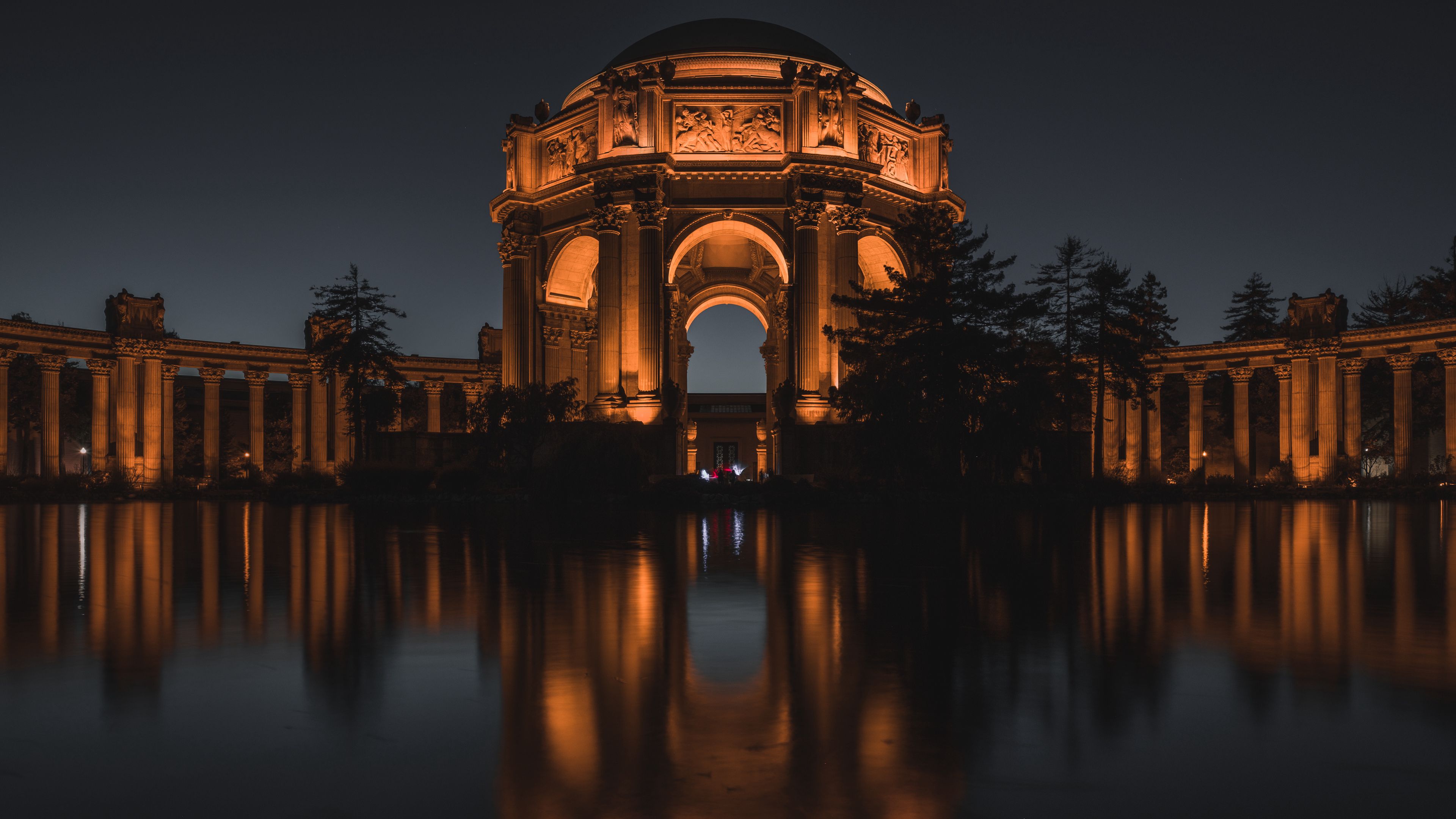 palace of fine arts, arch, night, san francisco california, 4k, HD Wallpaper