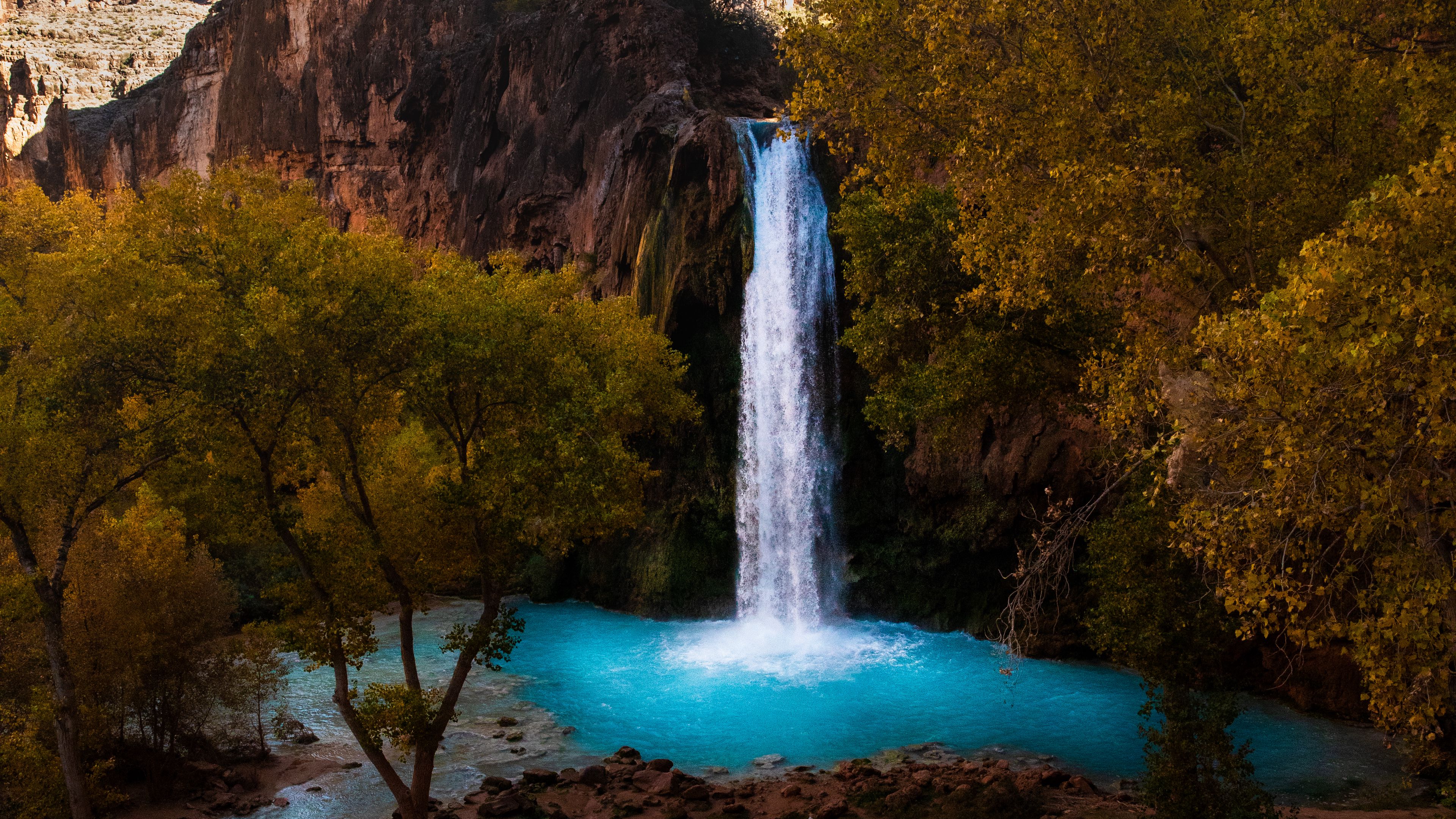 waterfall, rocks, blocks, trees, 4k, HD Wallpaper
