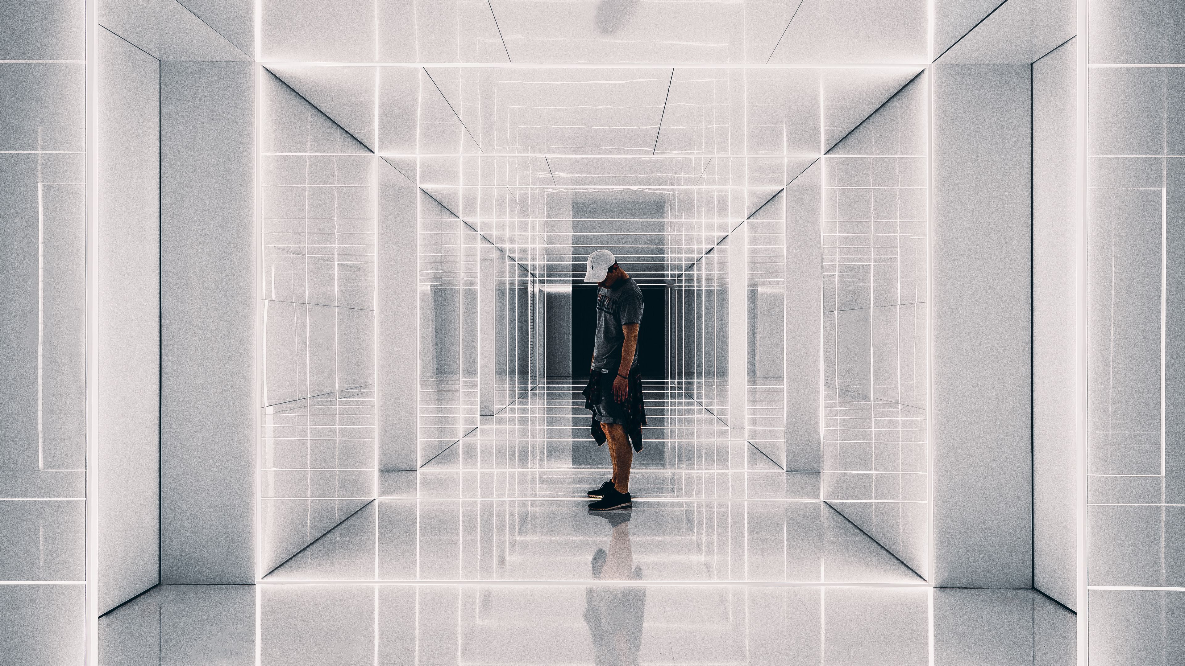 corridor, man, reflections, symmetry, minimalism, 4k, HD Wallpaper