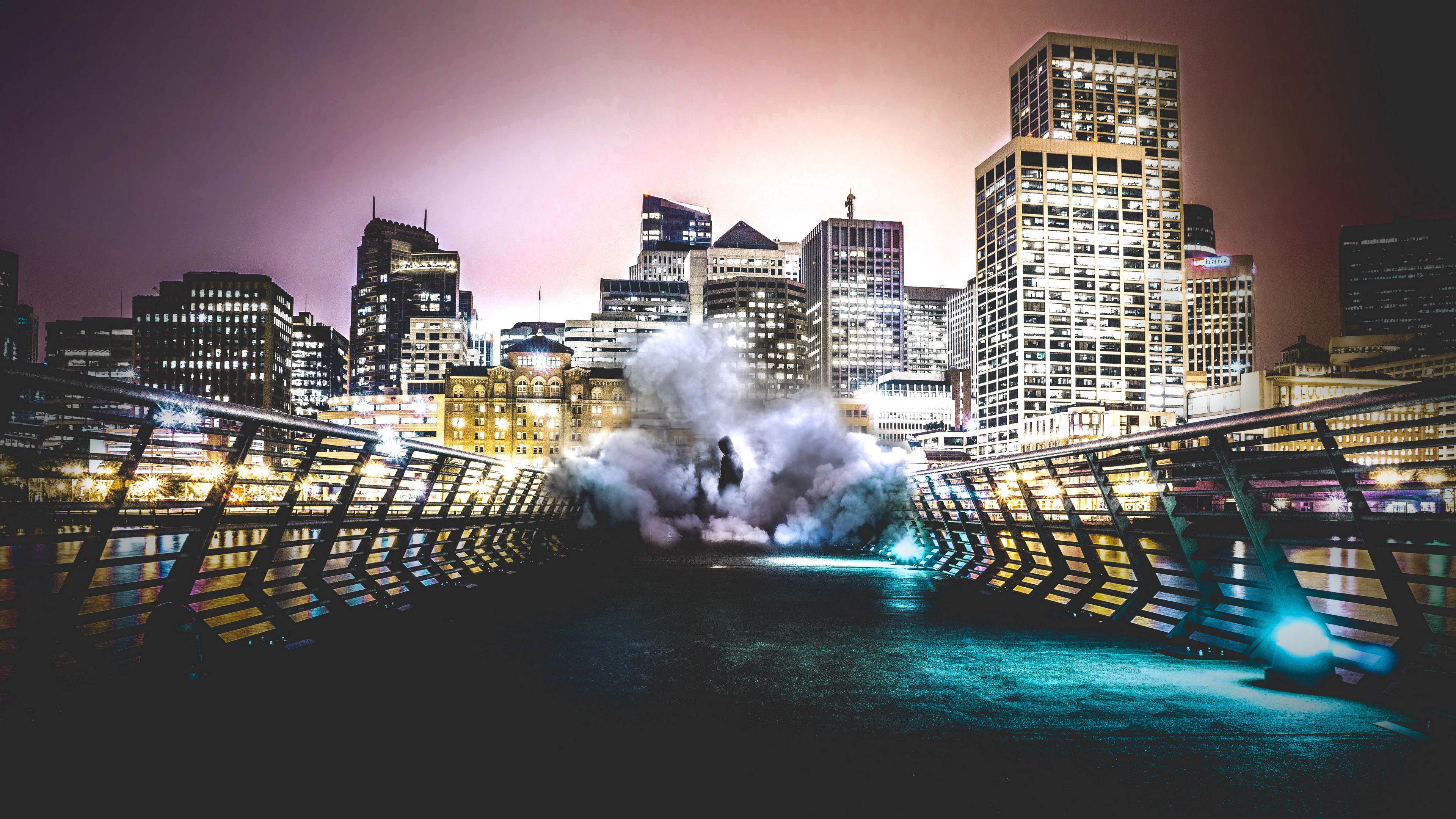 smoke, city, man, night, building, bridge, 4k, HD Wallpaper