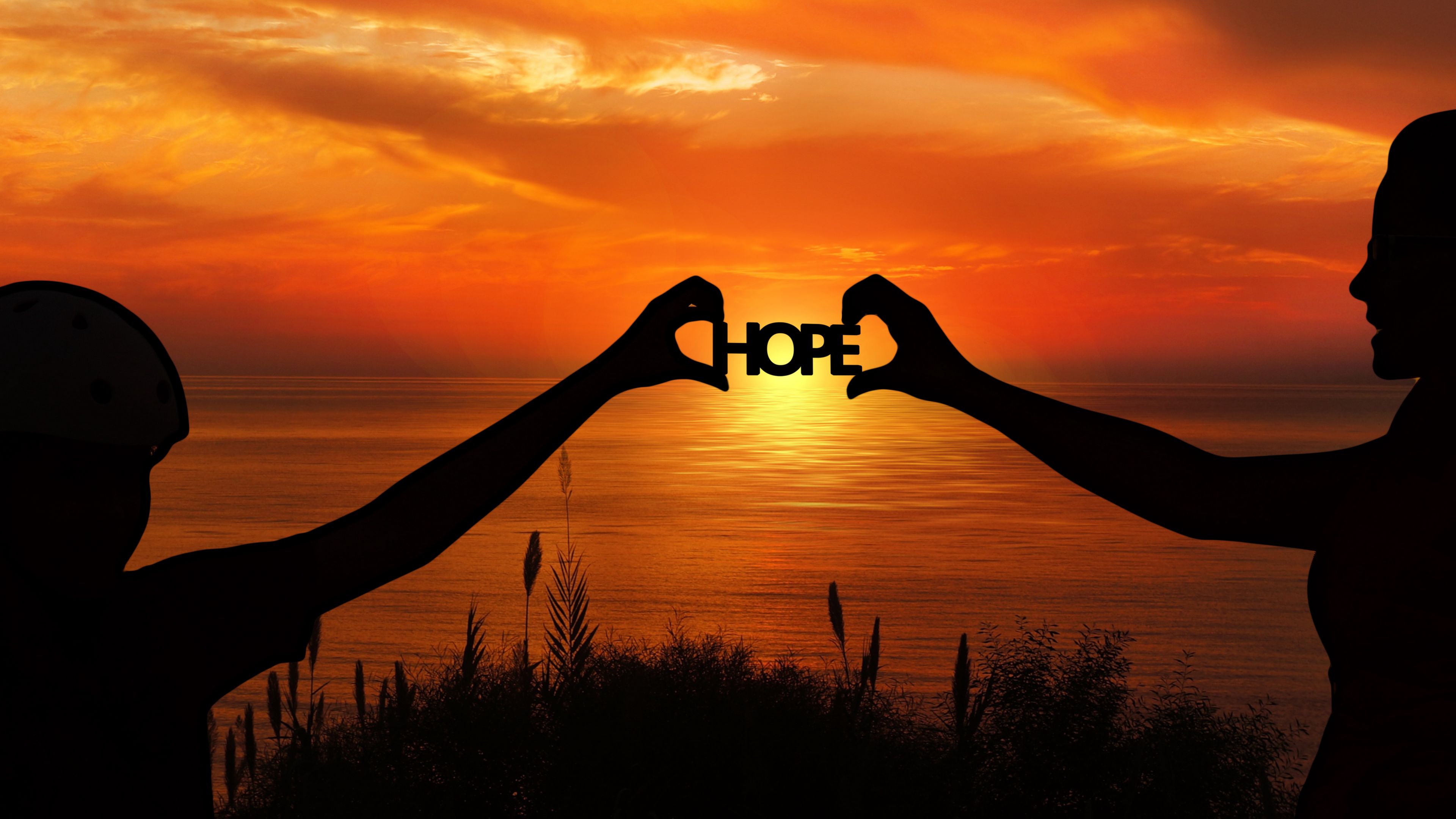 hope, hands, silhouettes, sunset, horizon, motivation, 4k, HD Wallpaper