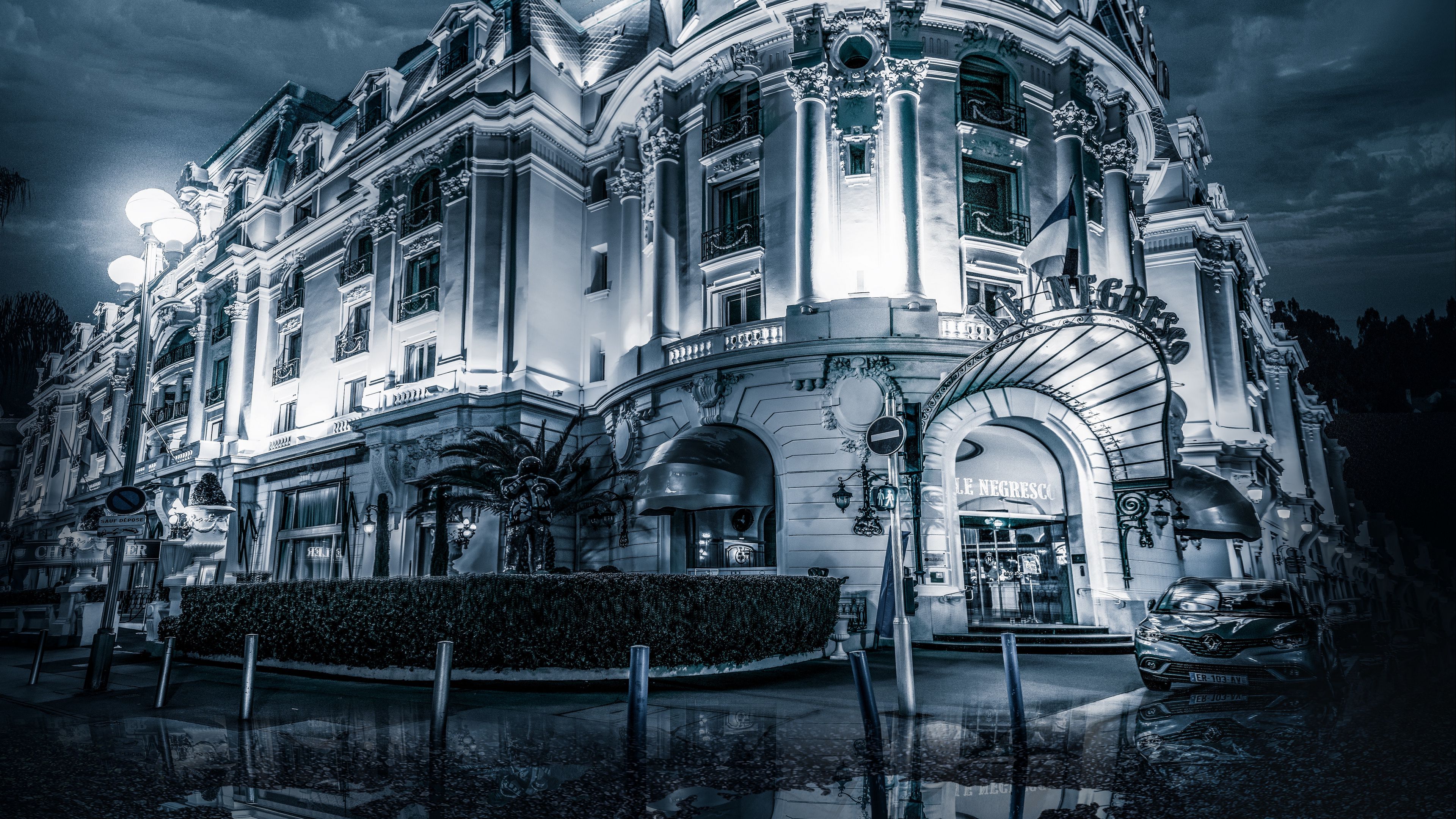 building, architecture, black and white, facade, puddles, 4k, HD Wallpaper