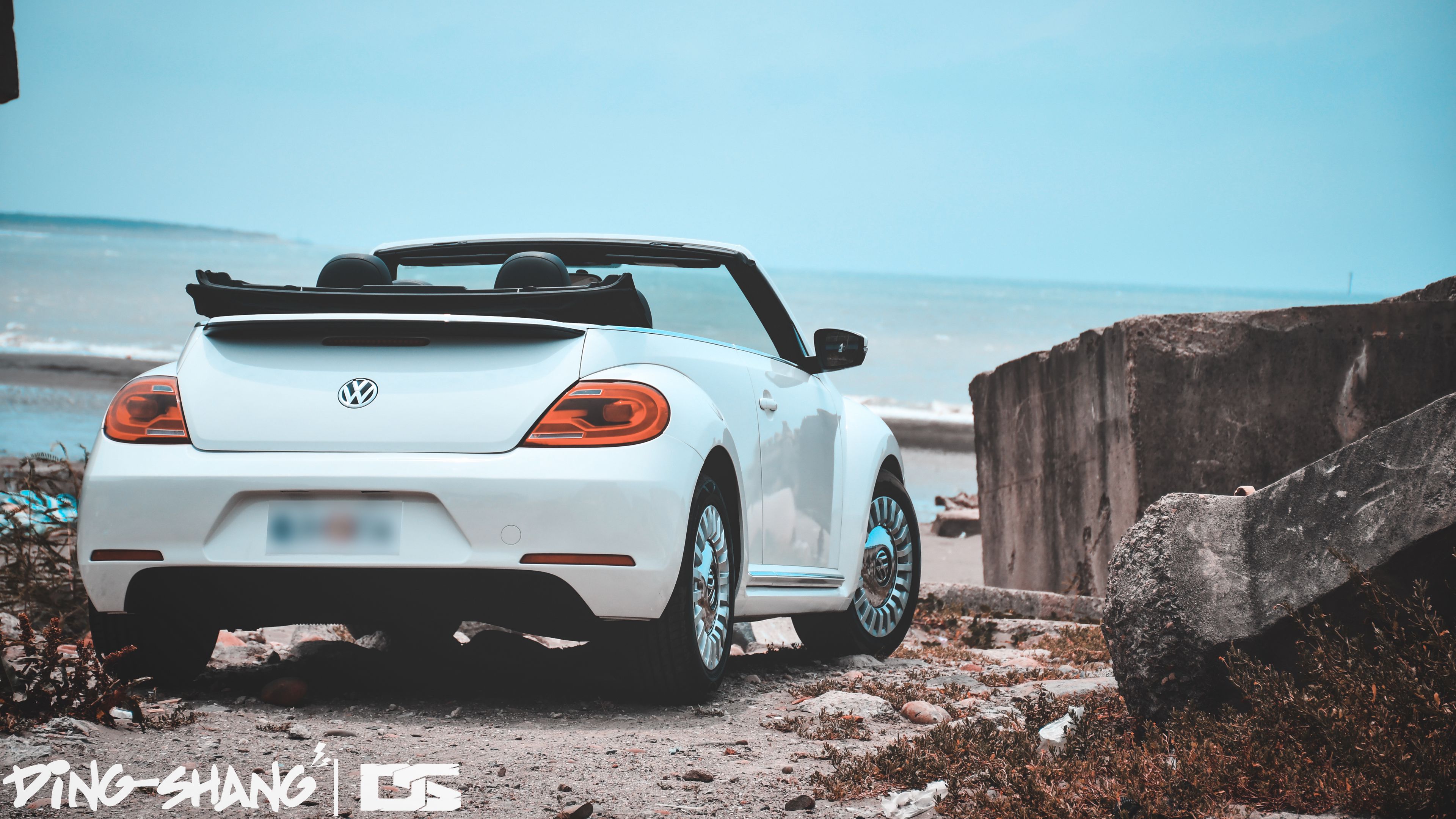 volkswagen beetle, cabriolet, white, sea, 4k, HD Wallpaper