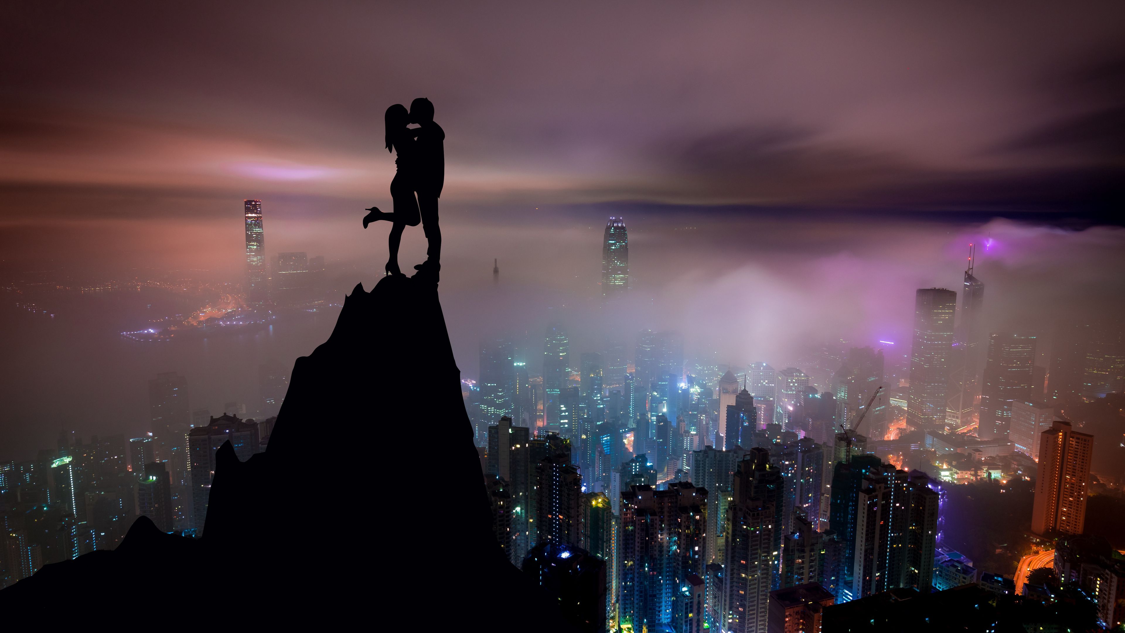 couple, silhouettes, kiss, hill, city, skyscrapers, 4k, HD Wallpaper