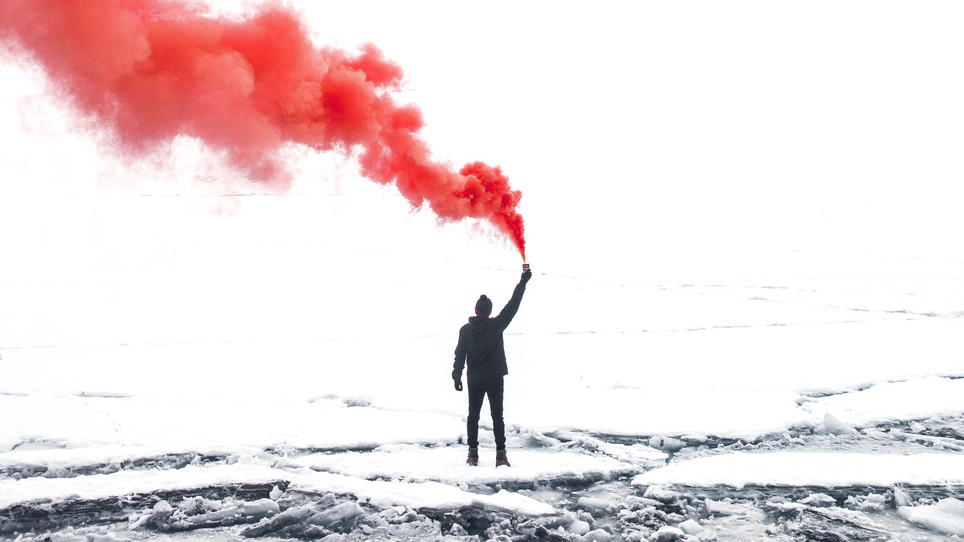 man, smoke, ice floe, snow, kandersteg, switzerland, 4k, HD Wallpaper