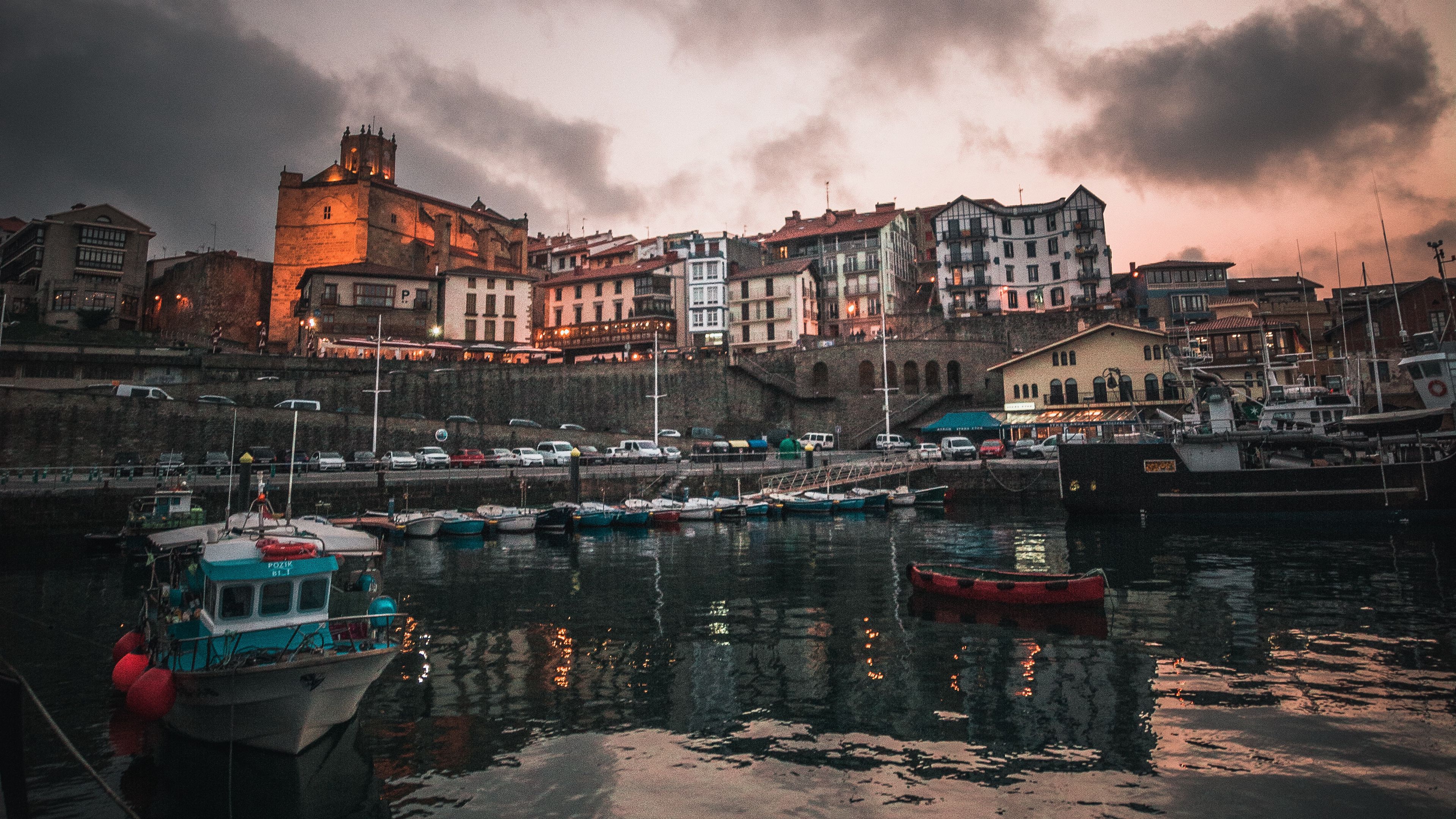 fishing town, spain, pier, buildings, boats, ancient, 4k, HD Wallpaper